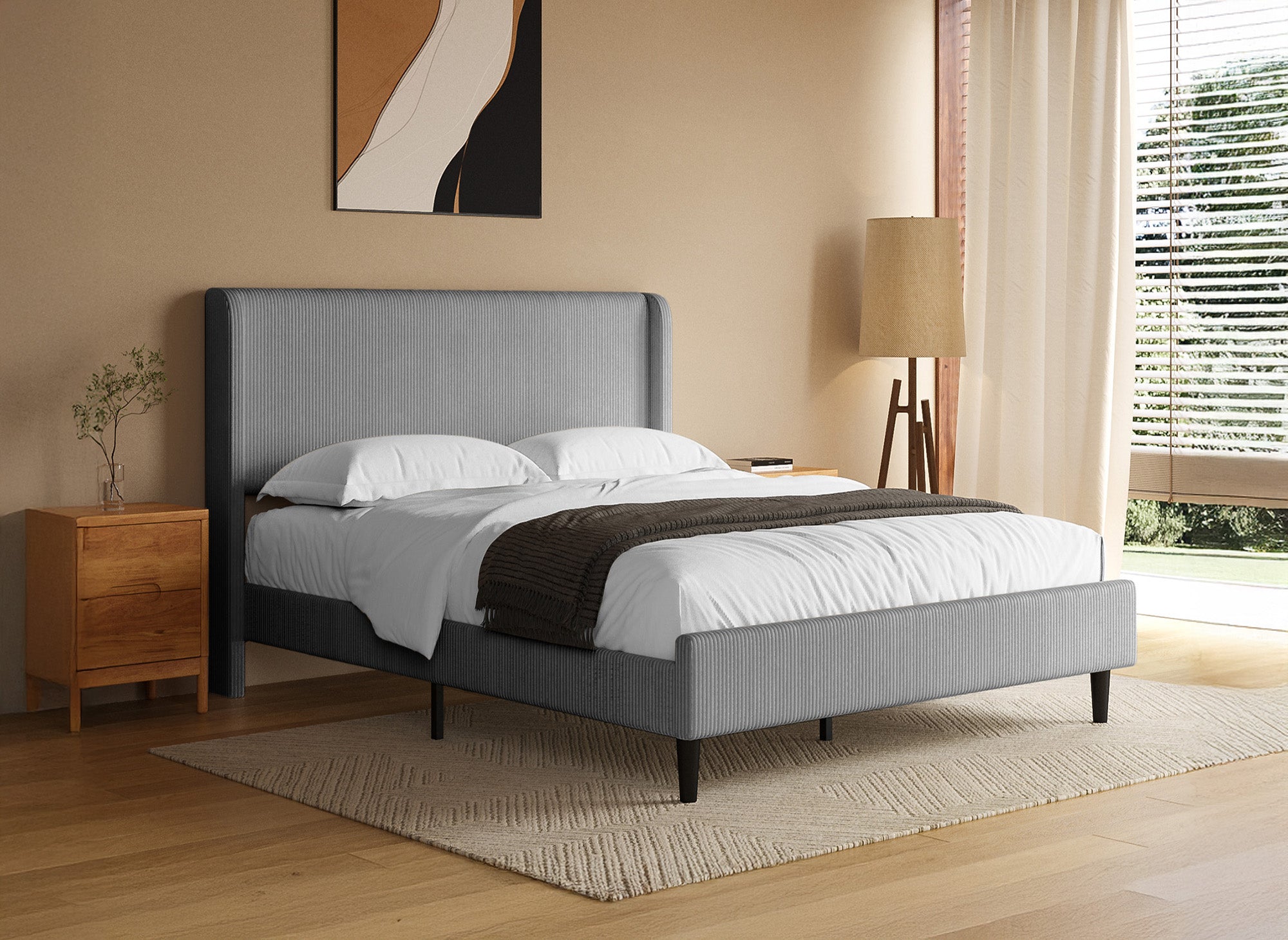 Lit double en velours côtelé épais gris clair 140x190cm LEVY