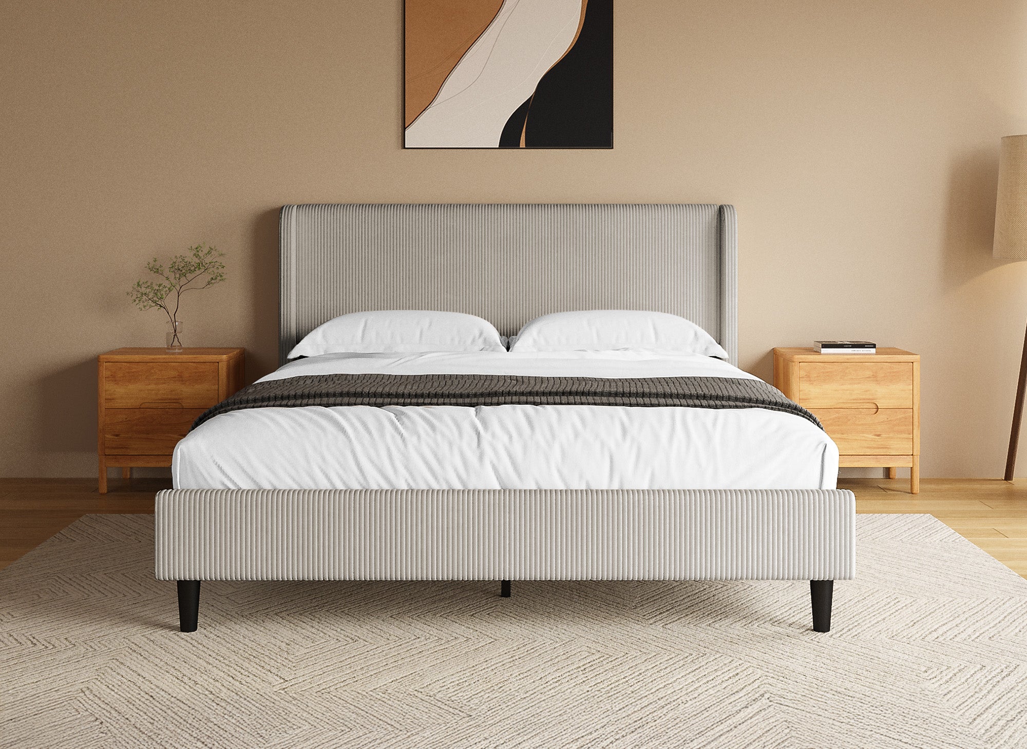 Lit double en velours côtelé épais taupe 160x200cm LEVY