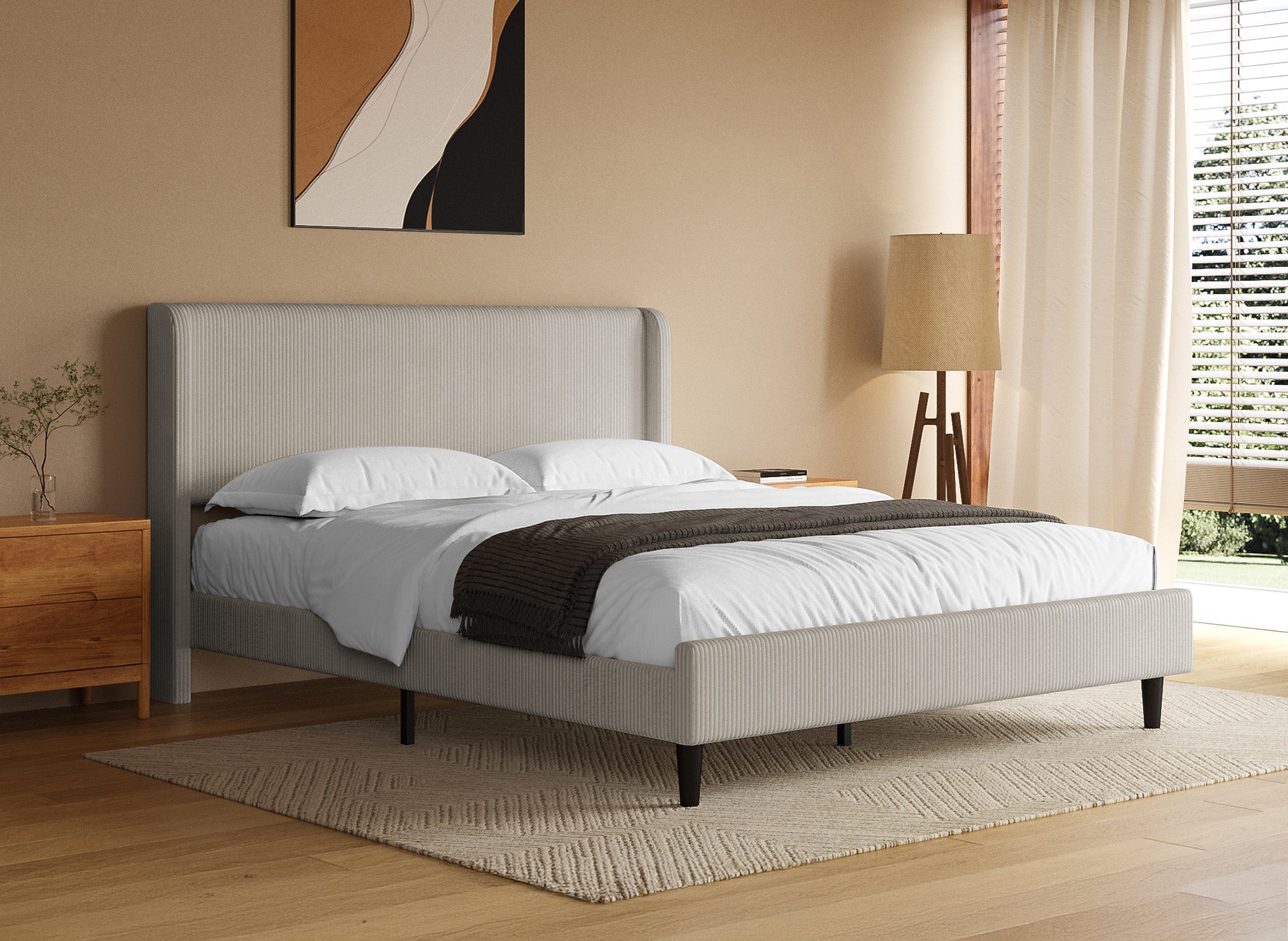 Lit double en velours côtelé épais taupe 160x200cm LEVY