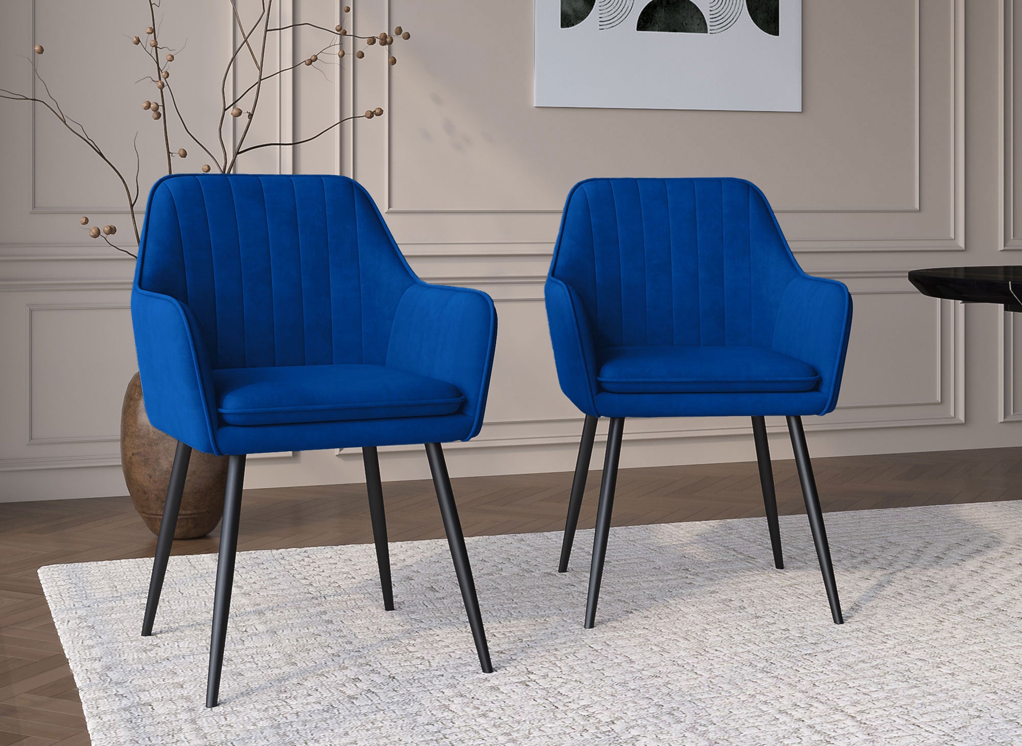 Lot de 2 chaises avec accoudoirs en velours bleu pieds noirs EDWIGE
