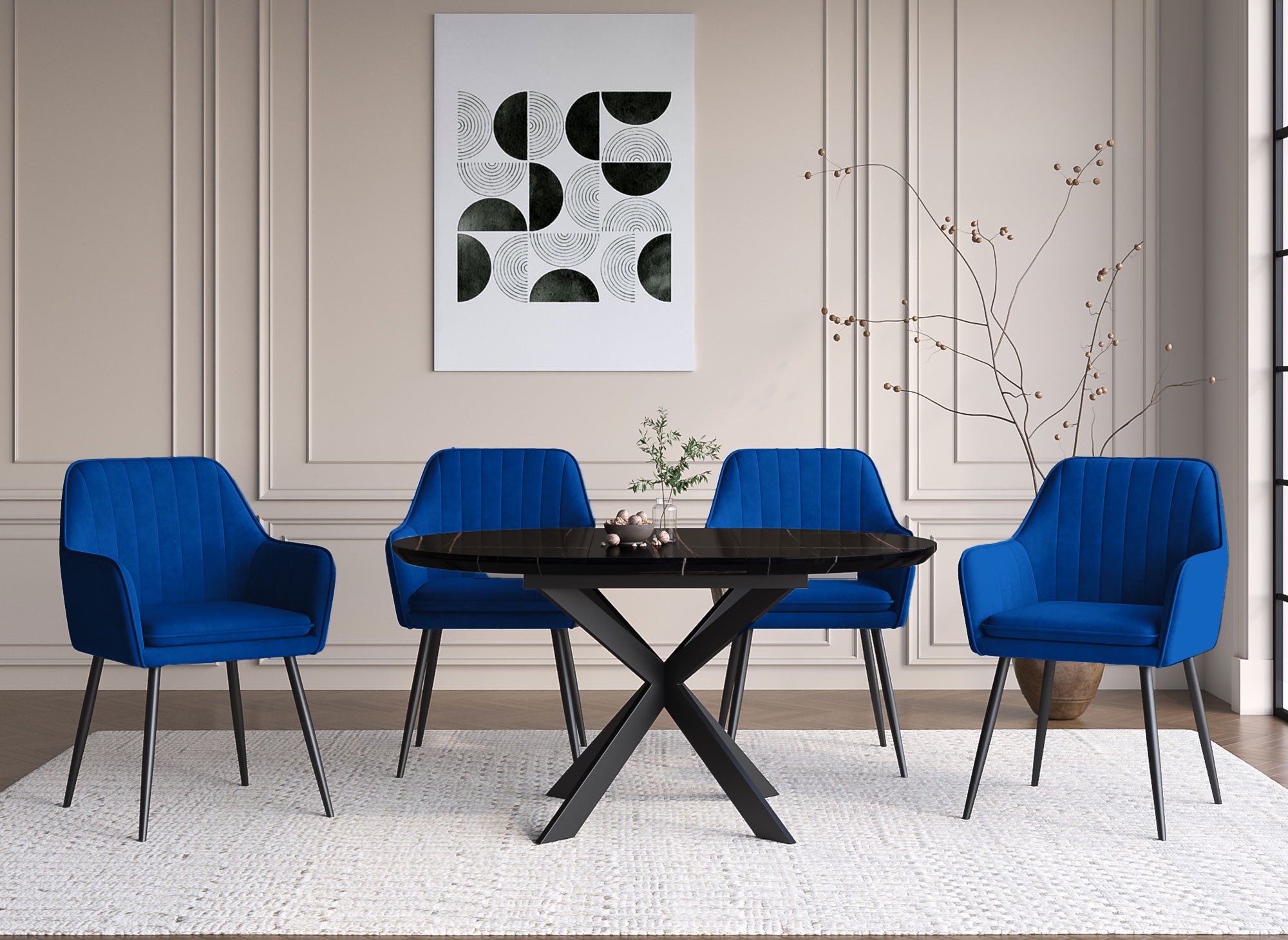 Lot de 2 chaises avec accoudoirs en velours bleu pieds noirs EDWIGE