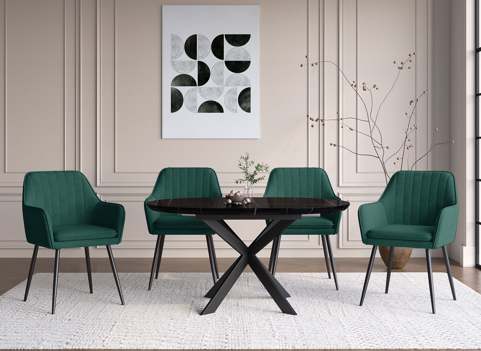 Lot de 2 chaises avec accoudoirs en velours vert pieds noirs EDWIGE