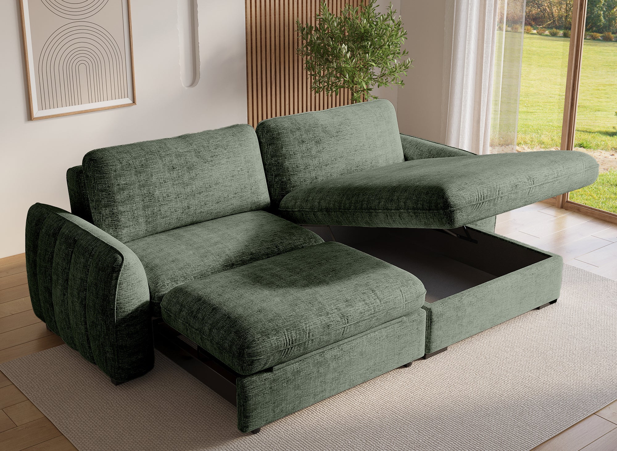 Canapé d'angle convertible et réversible avec coffre en velours chiné vert kaki LIORA