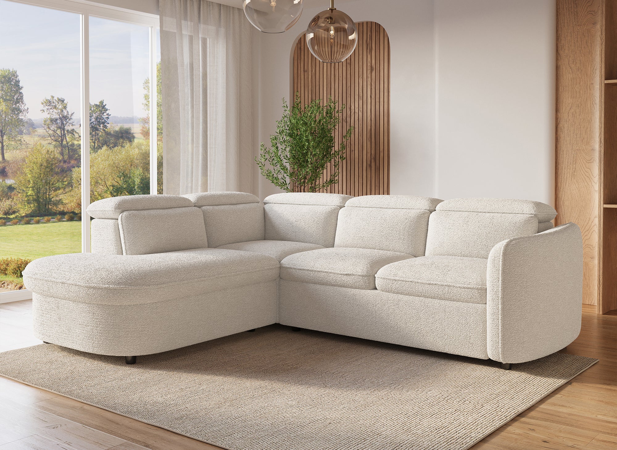 Canapé d'angle convertible avec coffre de rangement en tissu bouclette écru BAYA - angle gauche