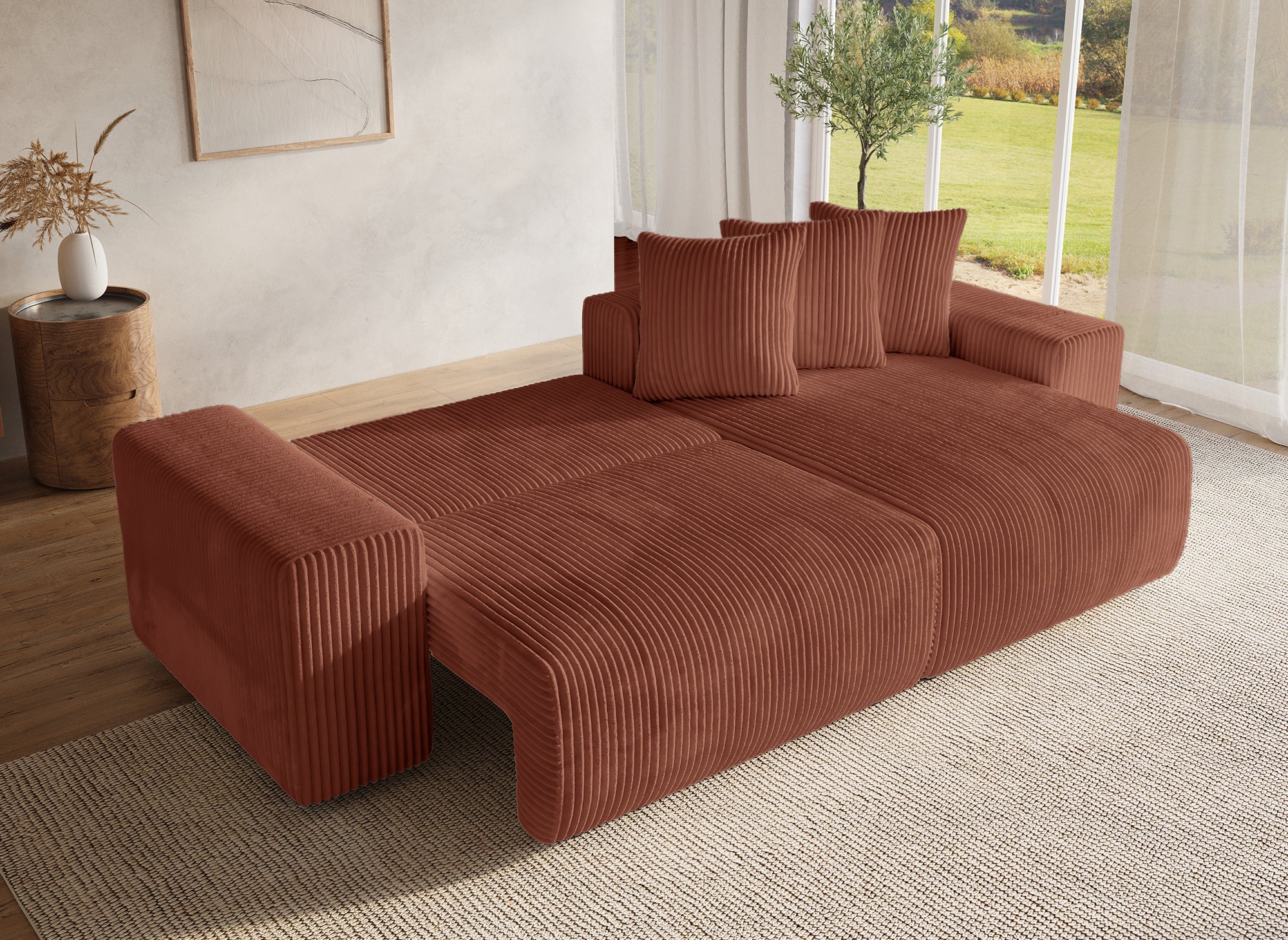 Canapé d'angle réversible convertible avec coffre en velours côtelé épais terracotta NOELIA