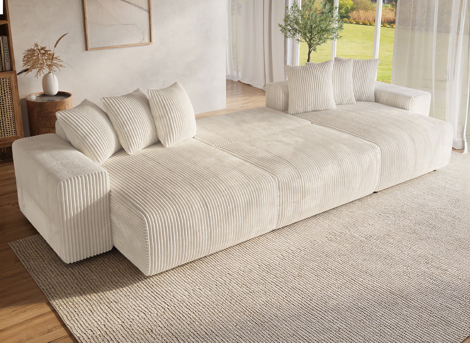 Canapé panoramique réversible convertible avec coffre en velours côtelé épais beige NOELIA