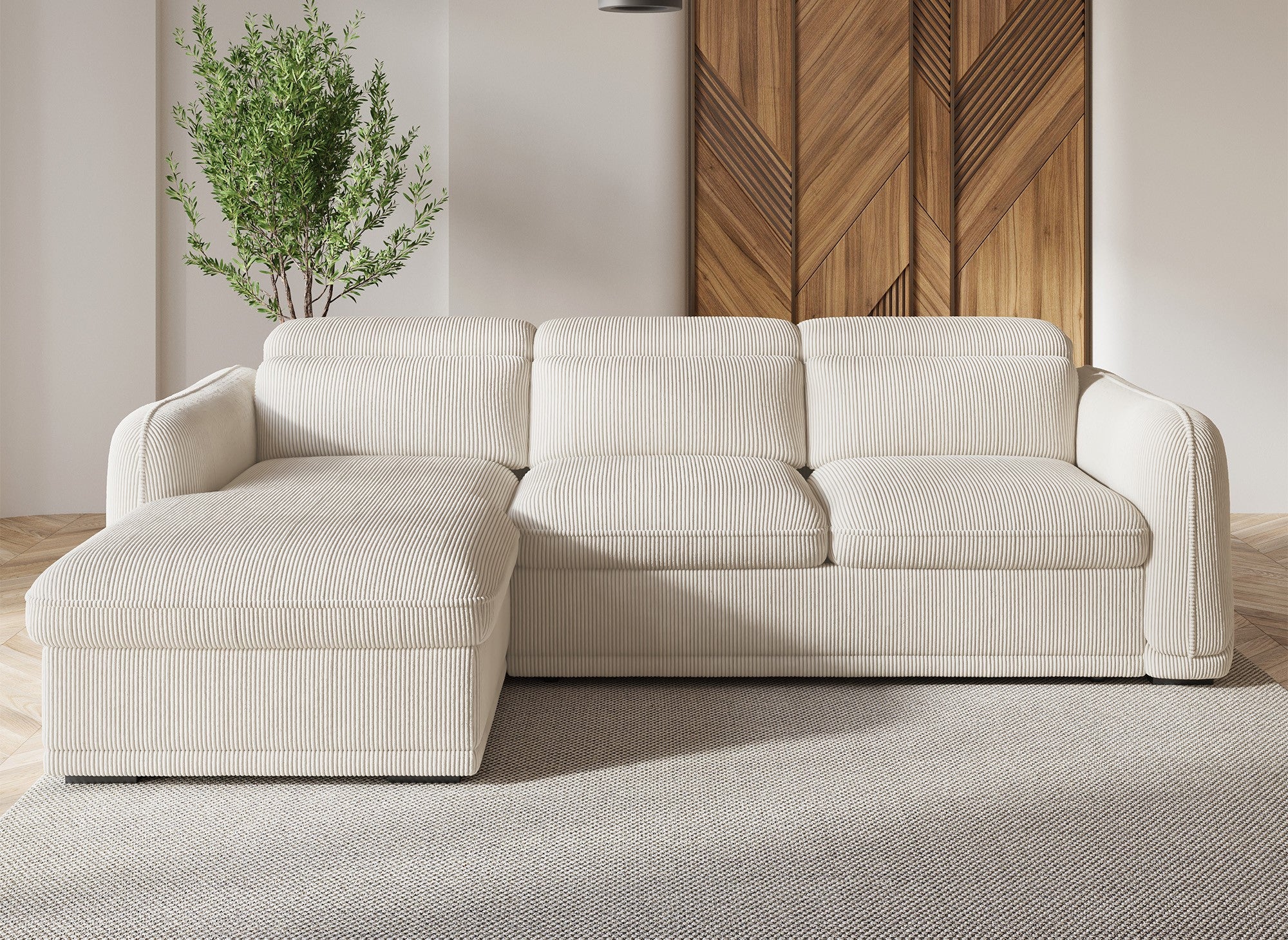 Canapé d'angle gauche convertible avec coffre en velours côtelé épais beige PETUNIA - Angle gauche