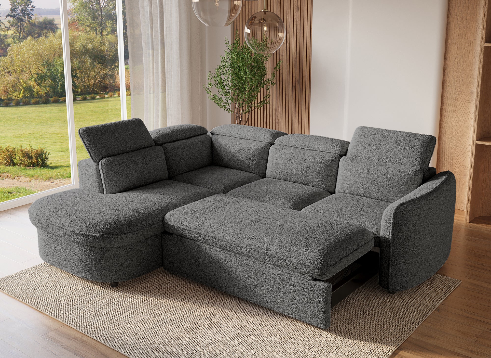 Canapé d'angle convertible avec coffre de rangement en tissu bouclette gris BAYA - angle gauche