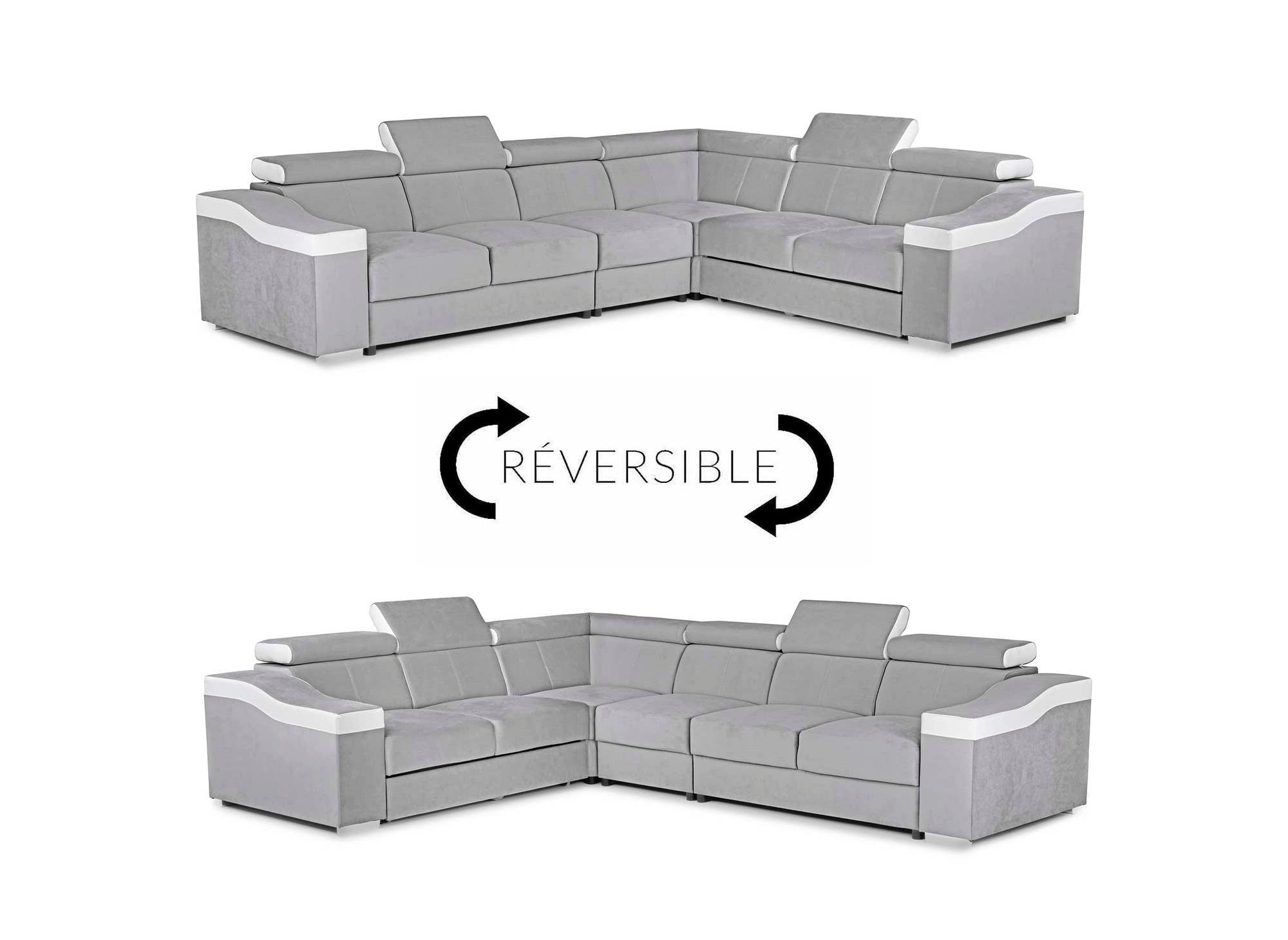 Canapé d'angle convertible réversible en velours gris clair et simili cuir blanc LEONIE