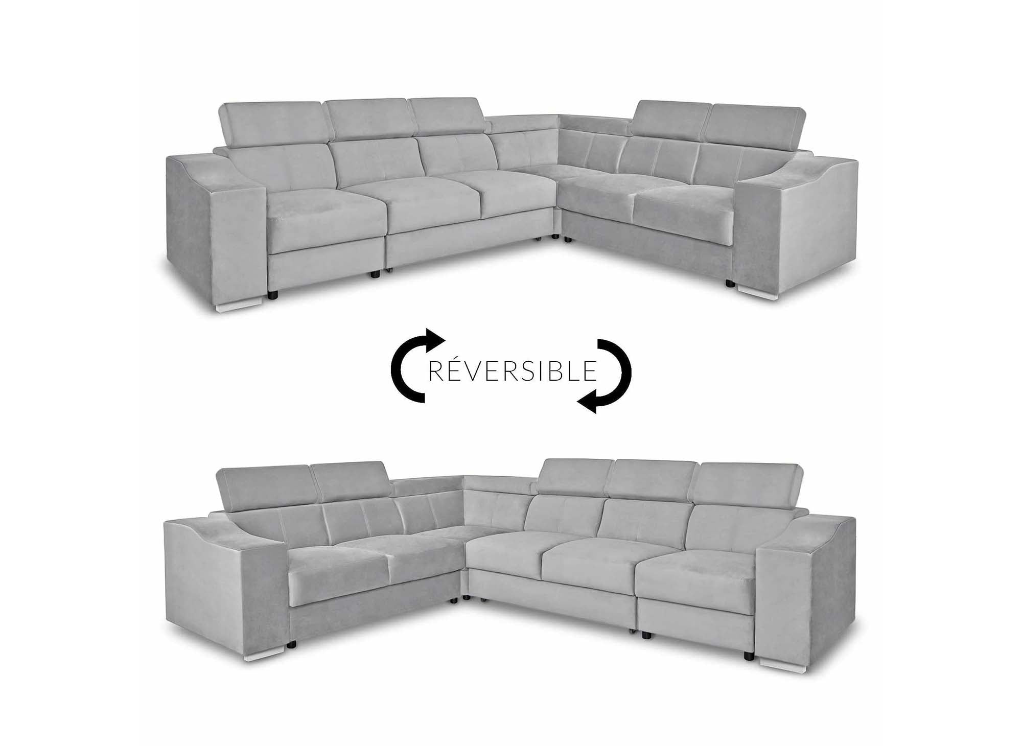 Canapé d'angle convertible réversible en velours gris clair LEONIE