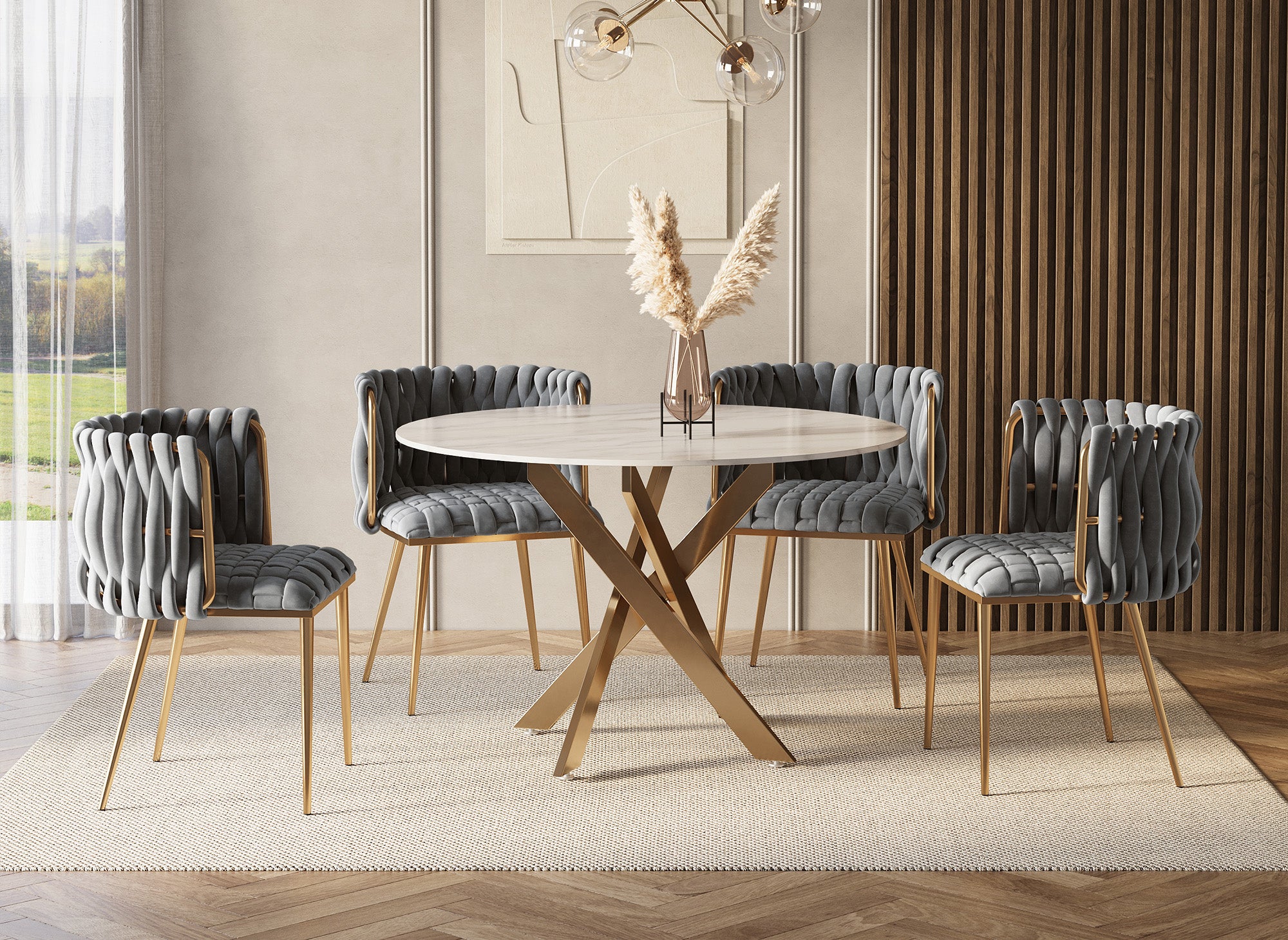 Lot de 2 chaises en velours gris pieds en métal doré POLO