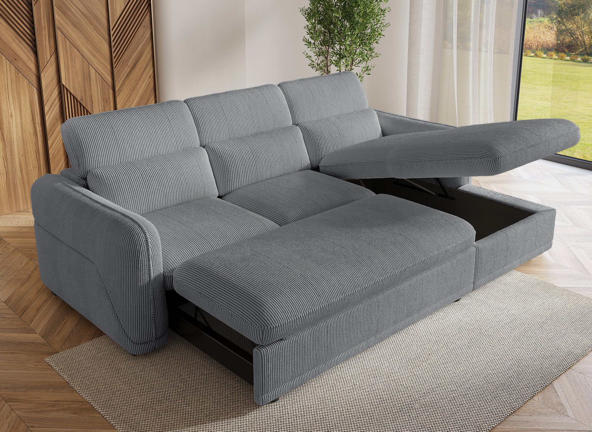 Canapé d'angle convertible avec coffre en velours côtelé épais gris PETUNIA - Angle droit