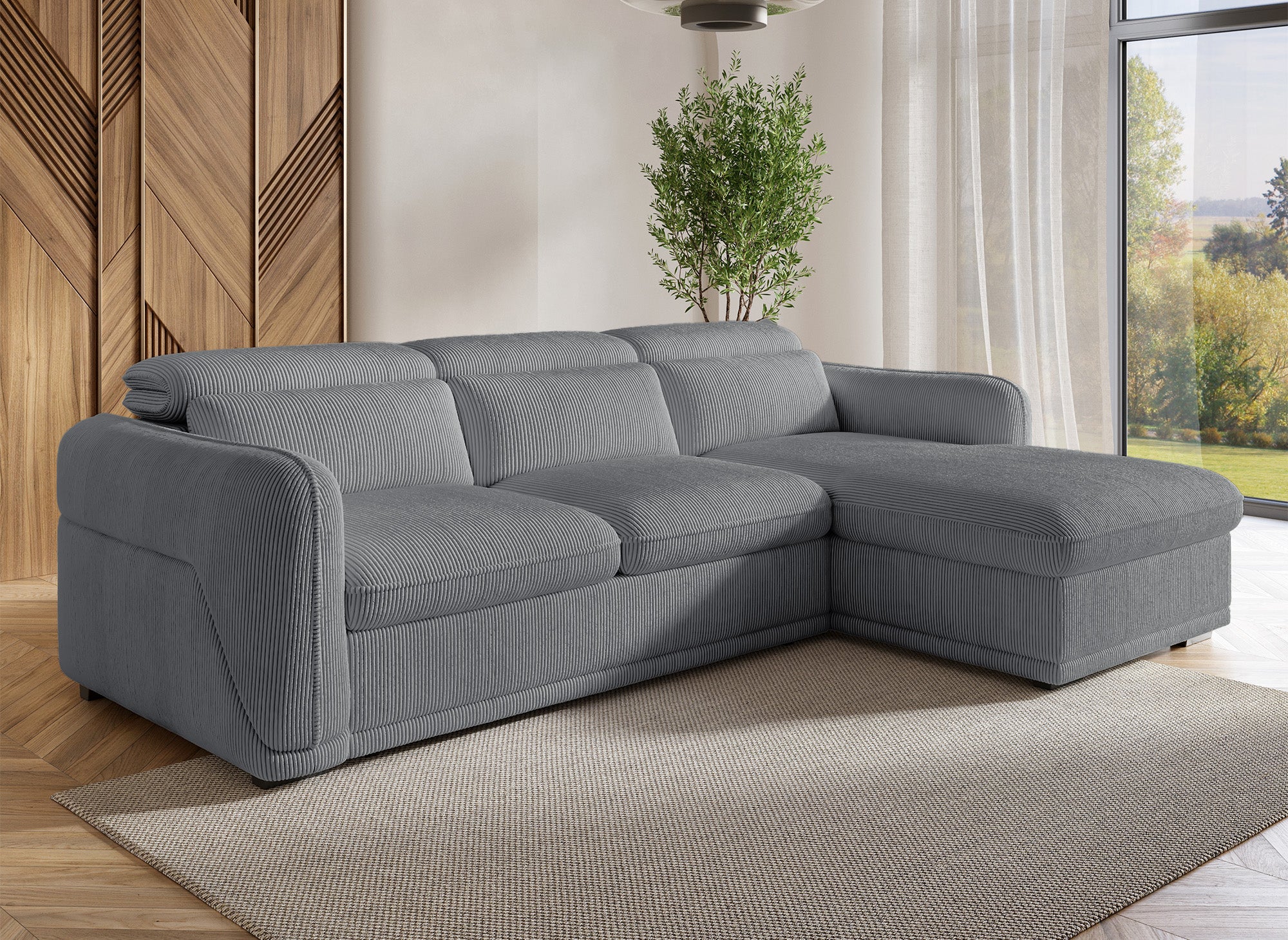 Canapé d'angle convertible avec coffre en velours côtelé épais gris PETUNIA - Angle droit