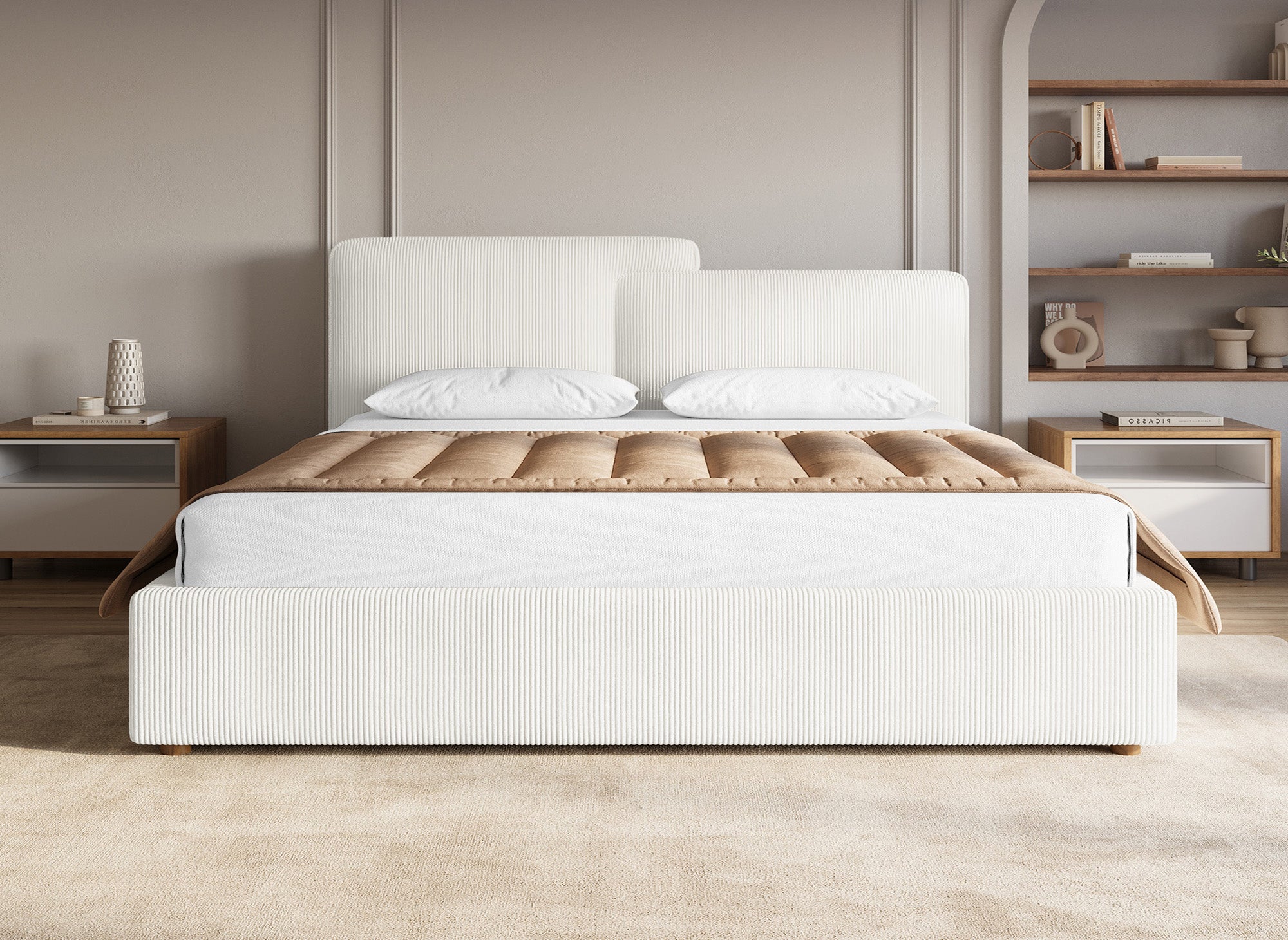Lit coffre en velours côtelé écru 180x200 cm ZELIA