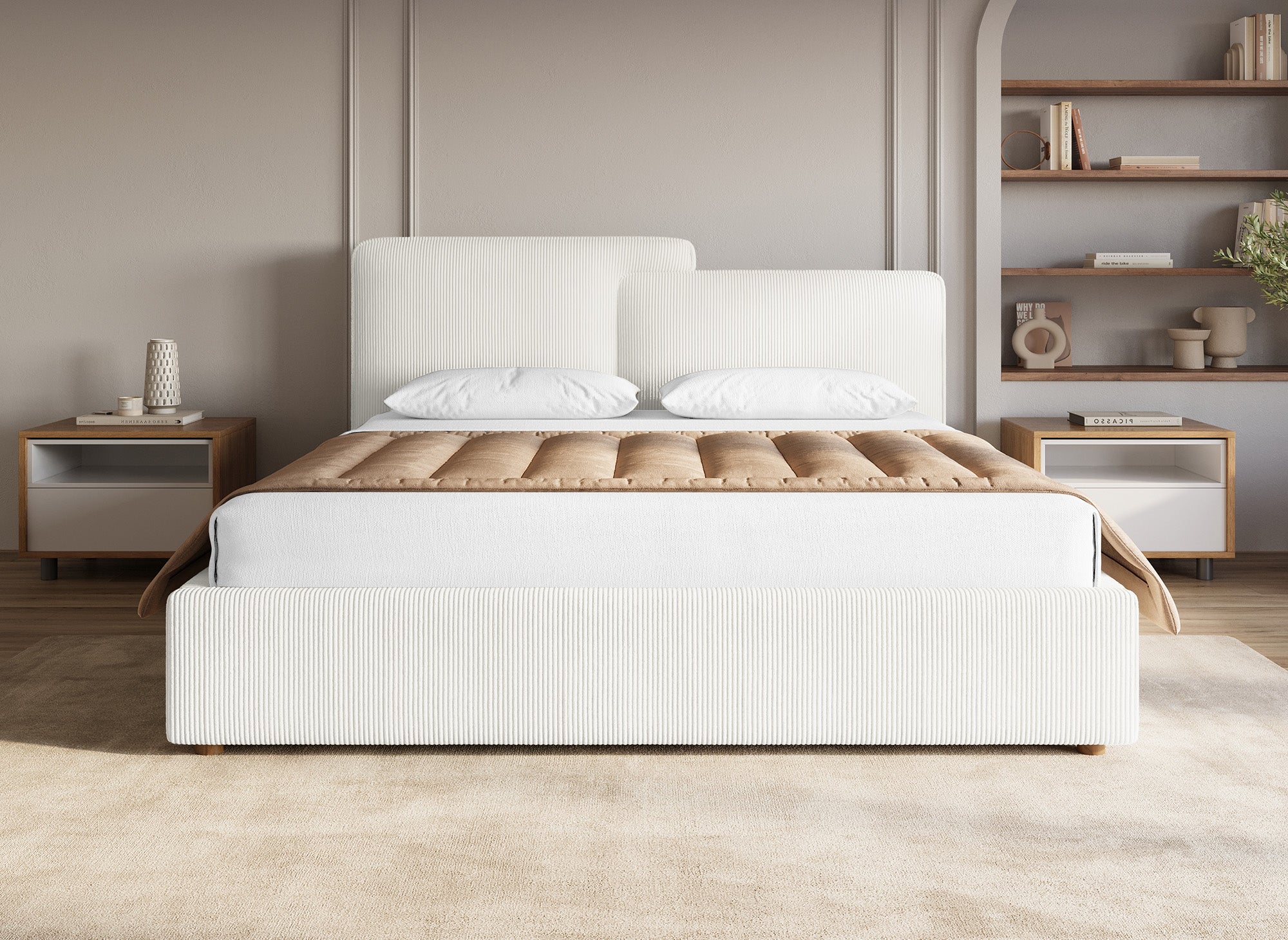 Lit coffre en velours côtelé écru 160x200 cm ZELIA