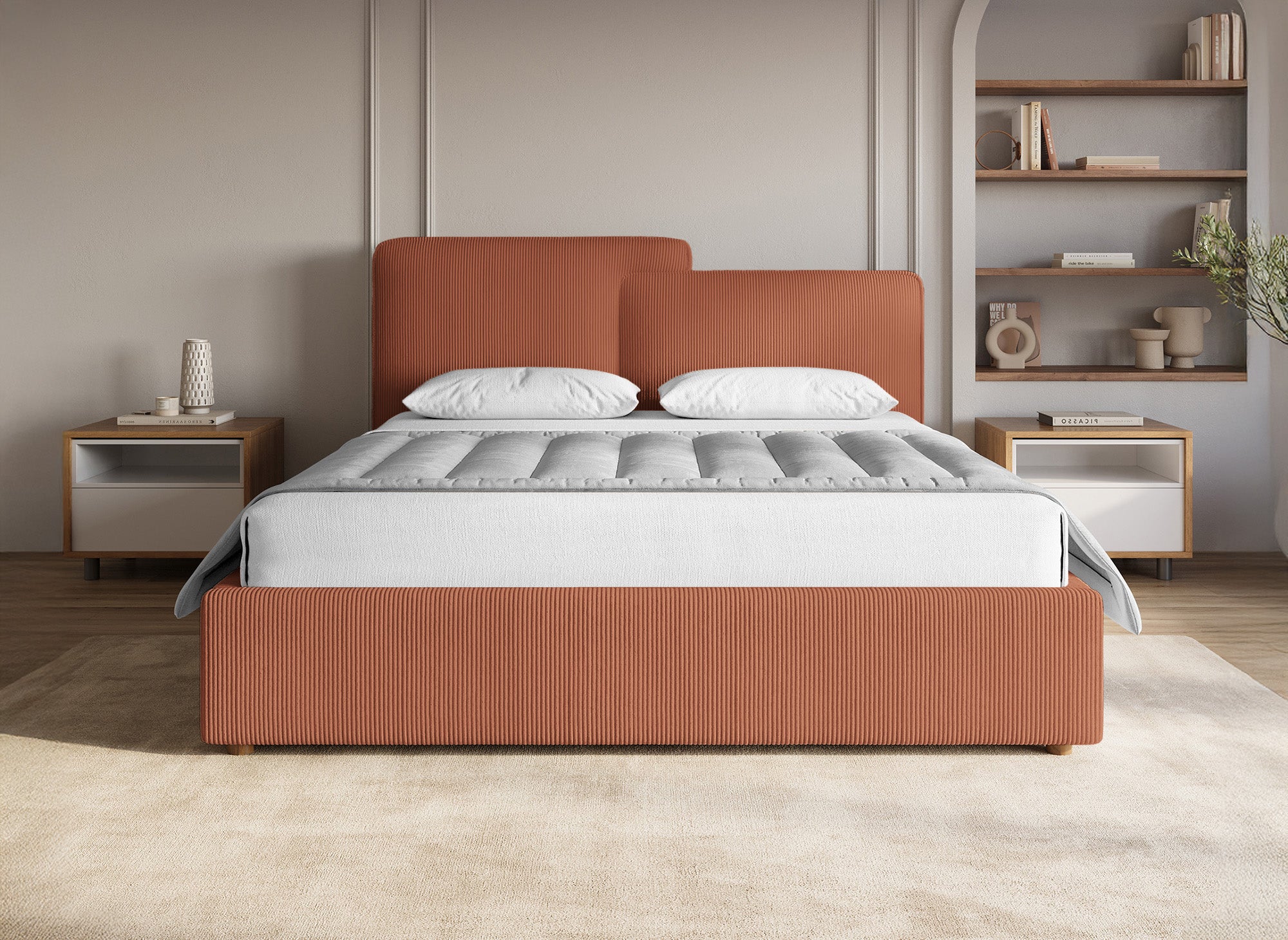 Lit coffre en velours côtelé terracotta 140x190 cm ZELIA