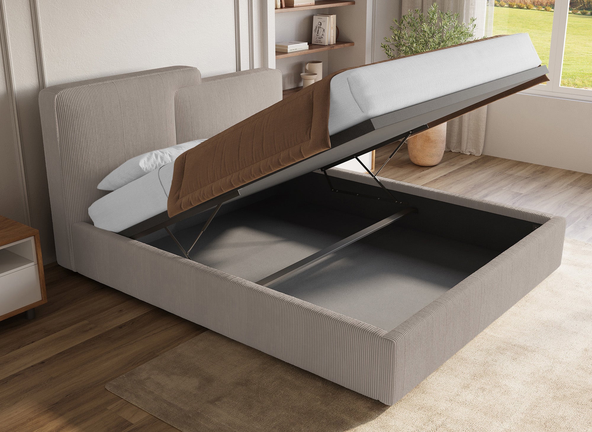 Lit coffre en velours côtelé taupe 180x200 cm ZELIA
