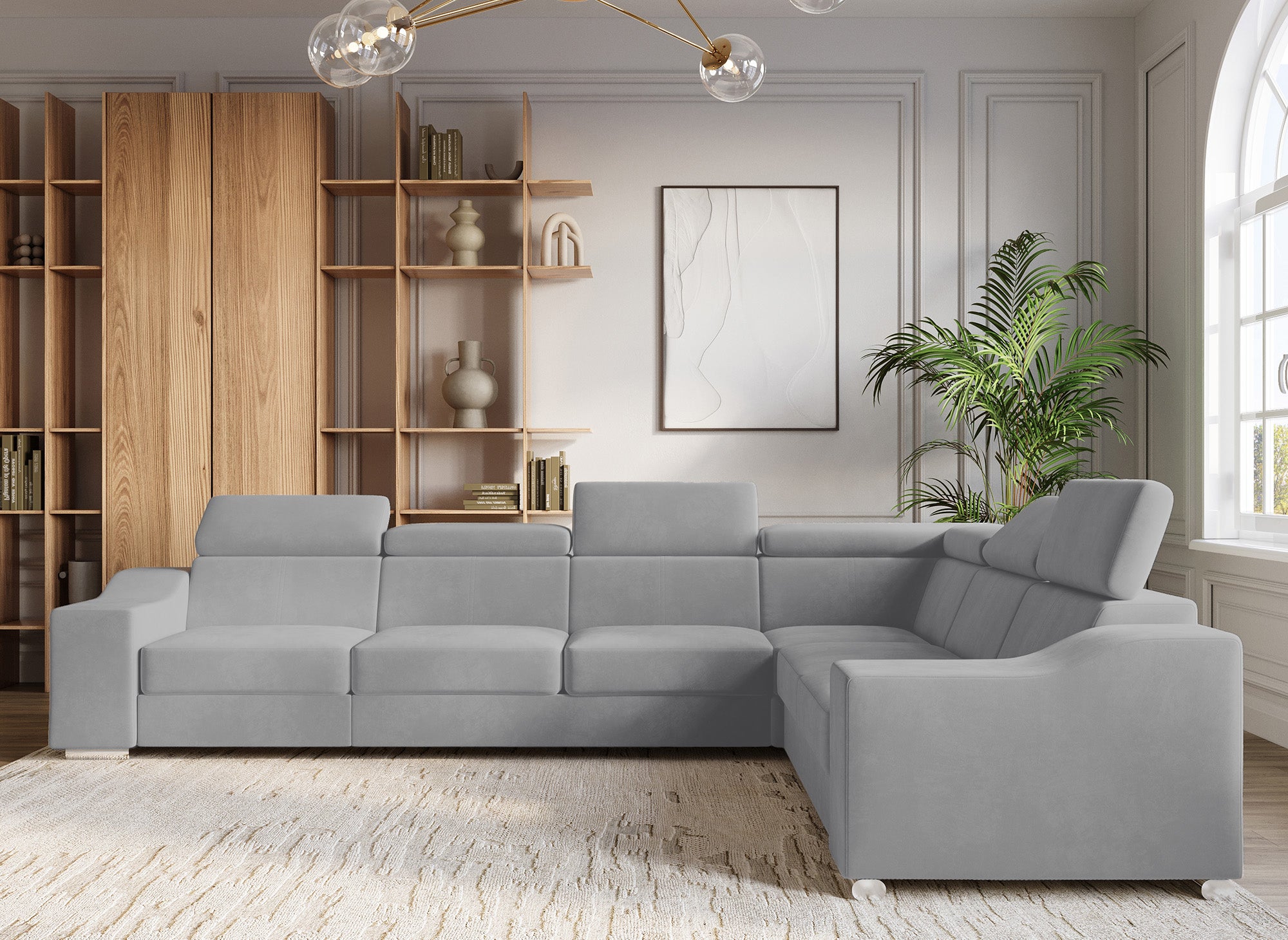 Canapé d'angle convertible réversible en velours gris clair LEONIE