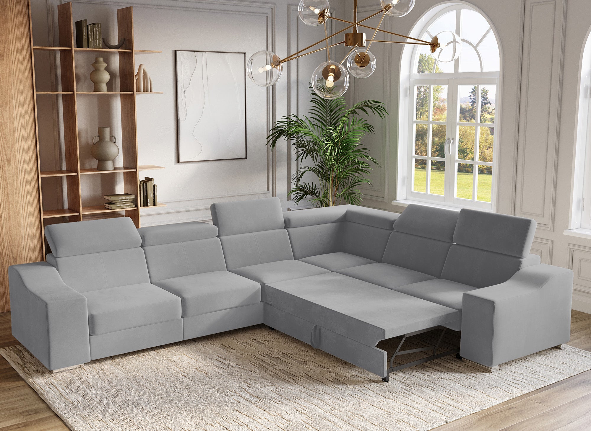 Canapé d'angle convertible réversible en velours gris clair LEONIE