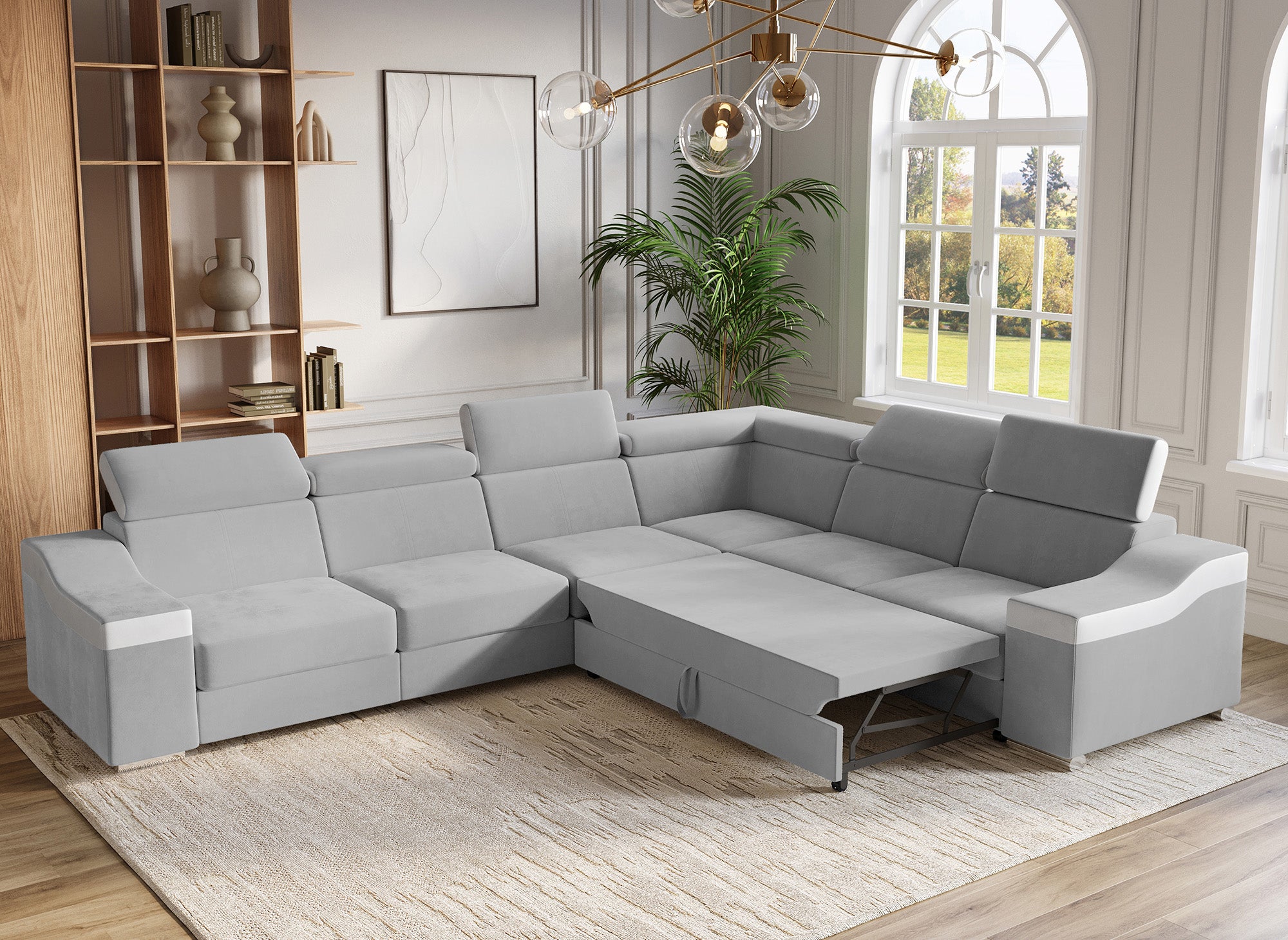 Canapé d'angle convertible réversible en velours gris clair et simili cuir blanc LEONIE