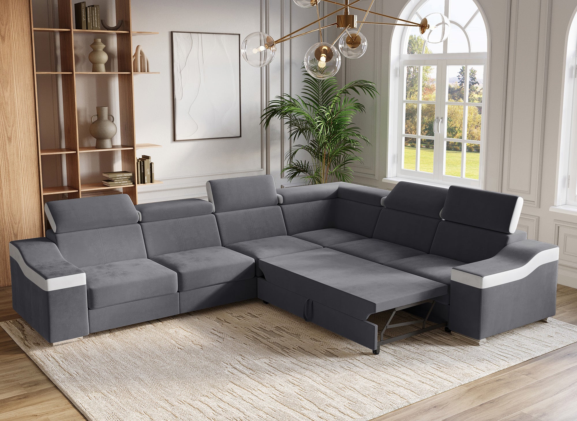 Canapé d'angle convertible réversible en velours gris et simili cuir blanc LEONIE