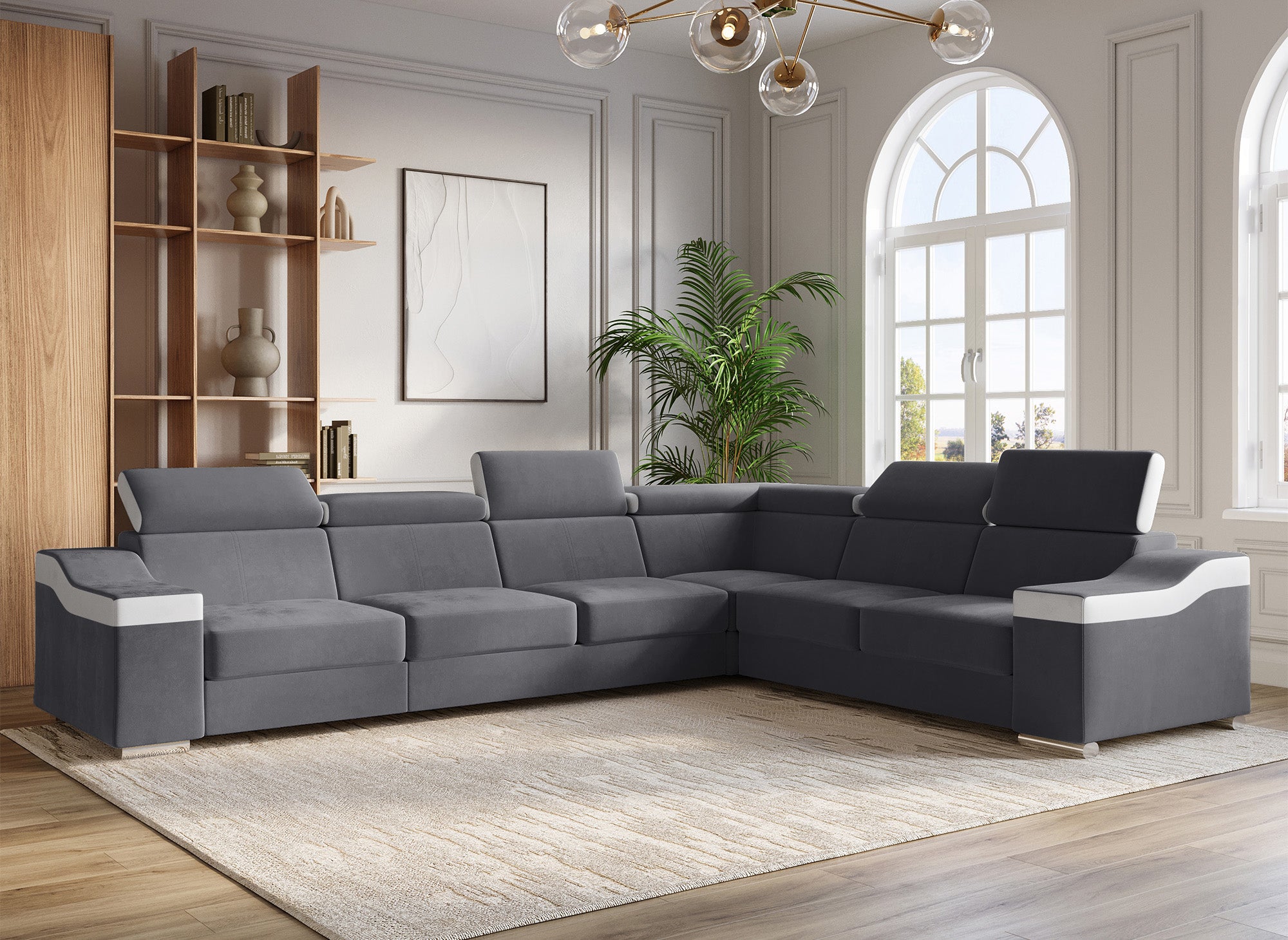 Canapé d'angle convertible réversible en velours gris et simili cuir blanc LEONIE