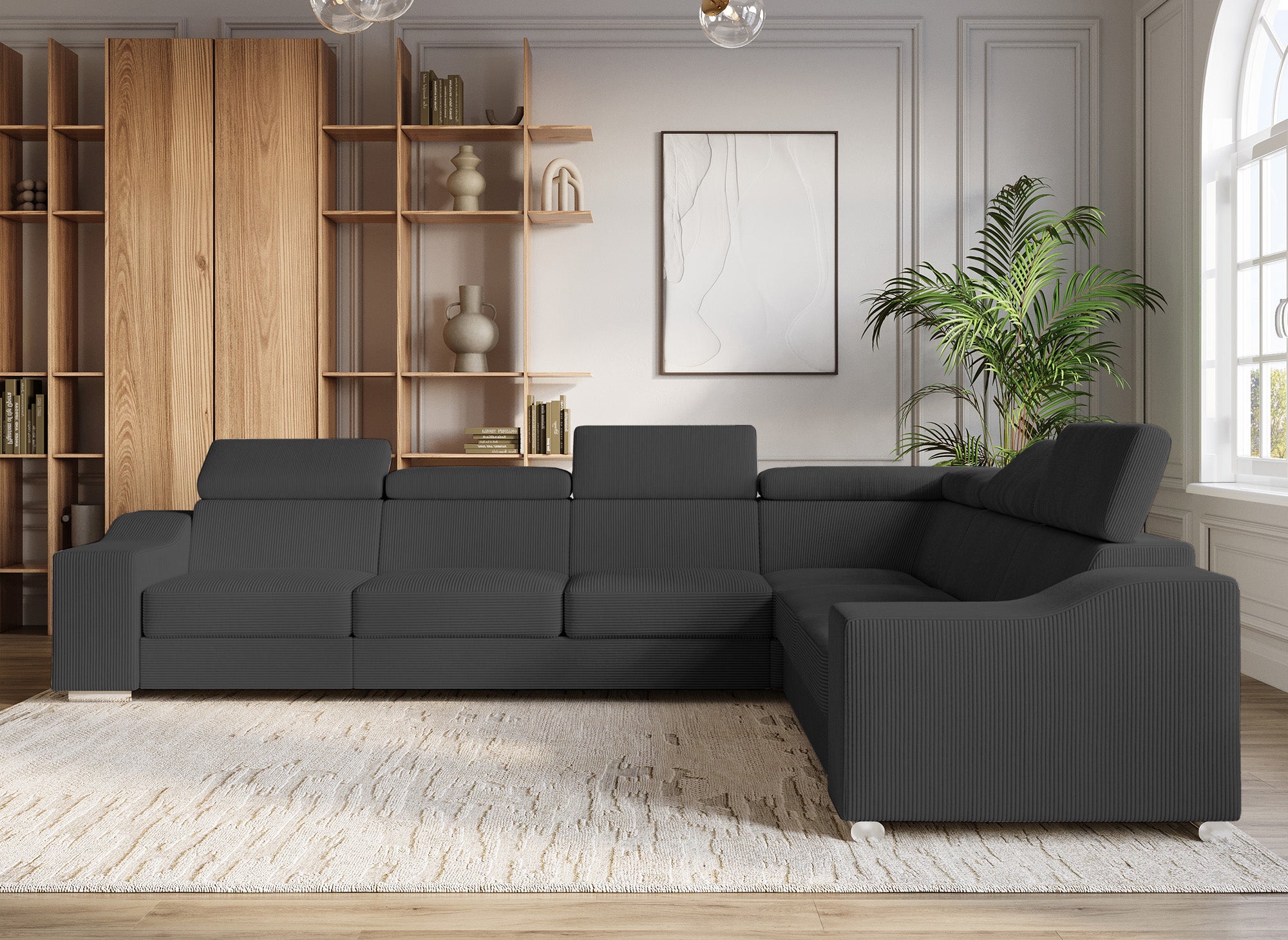 Canapé d'angle convertible réversible en velours côtelé gris anthracite LEONIE