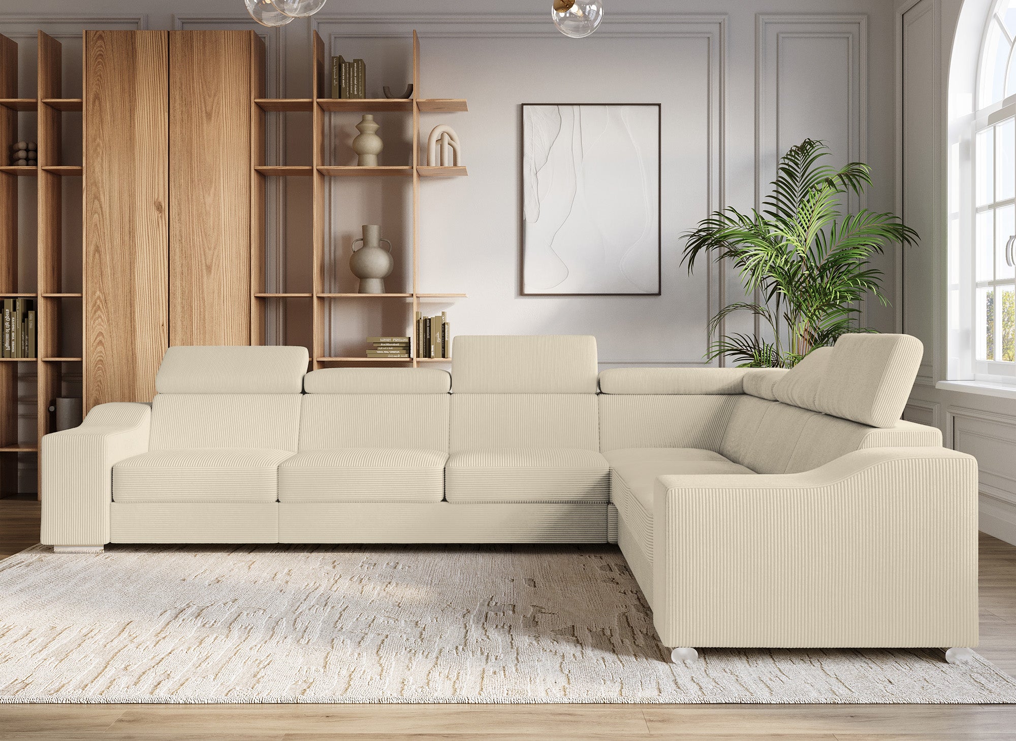 Canapé d'angle convertible réversible en velours côtelé beige LEONIE