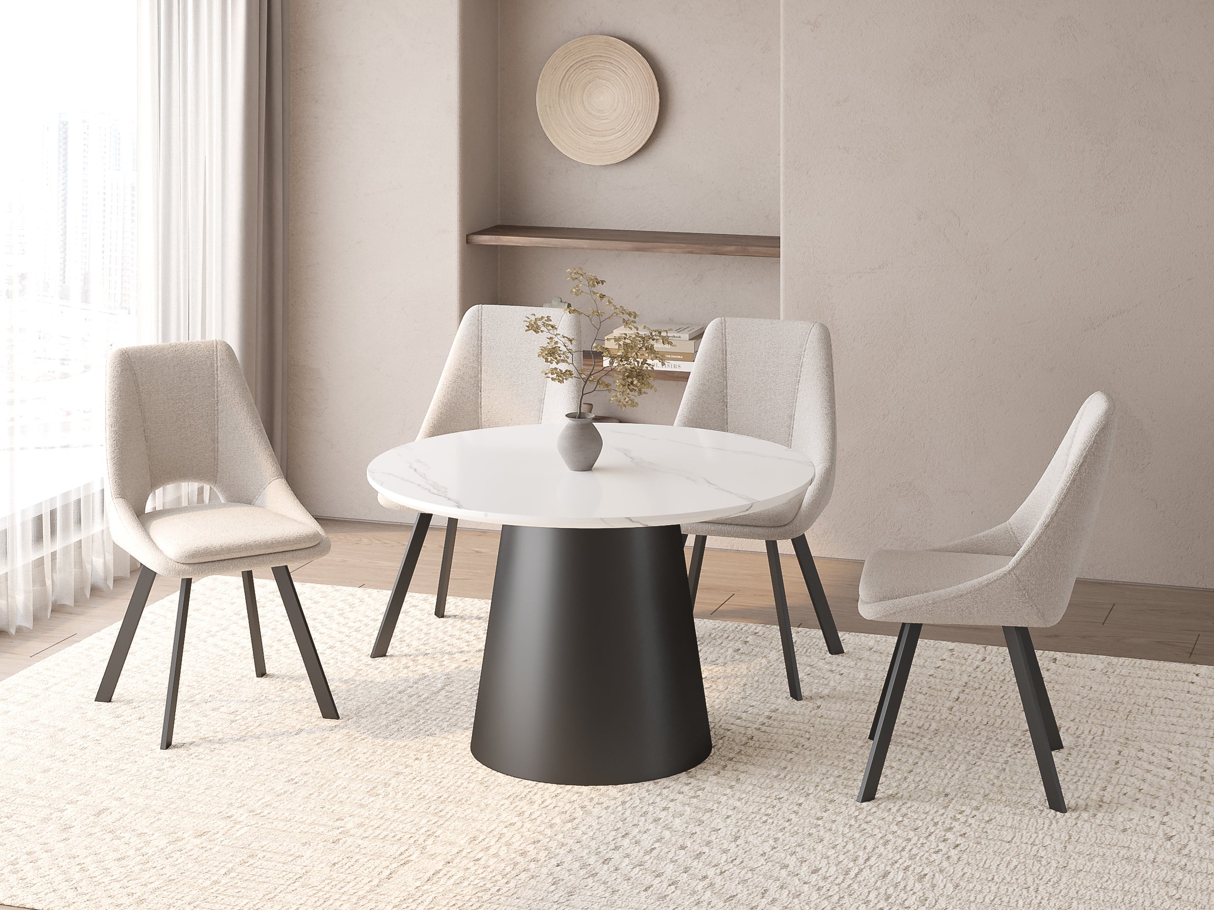 Table à manger ronde plateau effet marbre blanc 4 personnes AUBREY