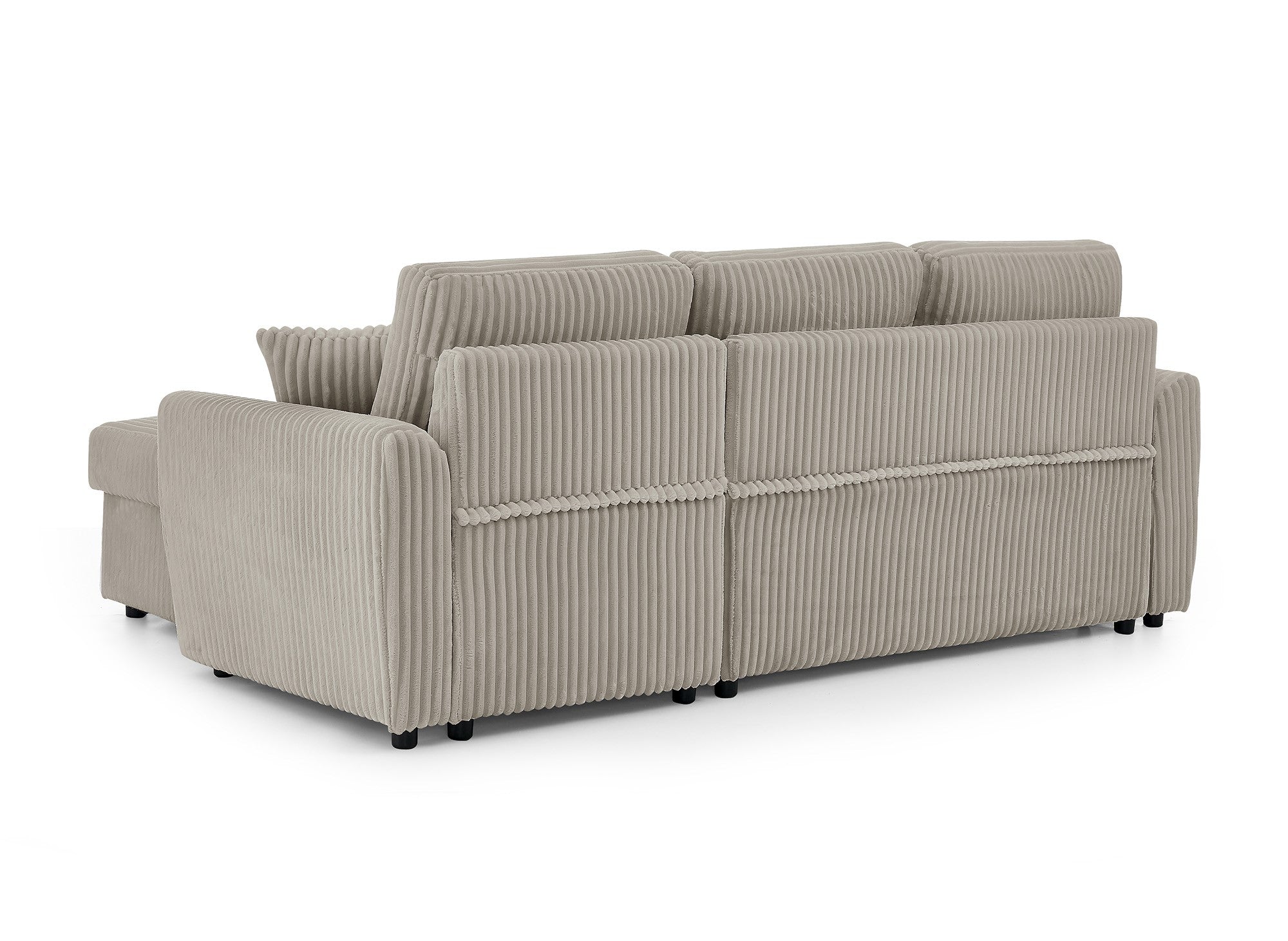 Divano angolare trasformabile e reversibile con cassapanca in velluto a coste spesso color talpa ADRYEN