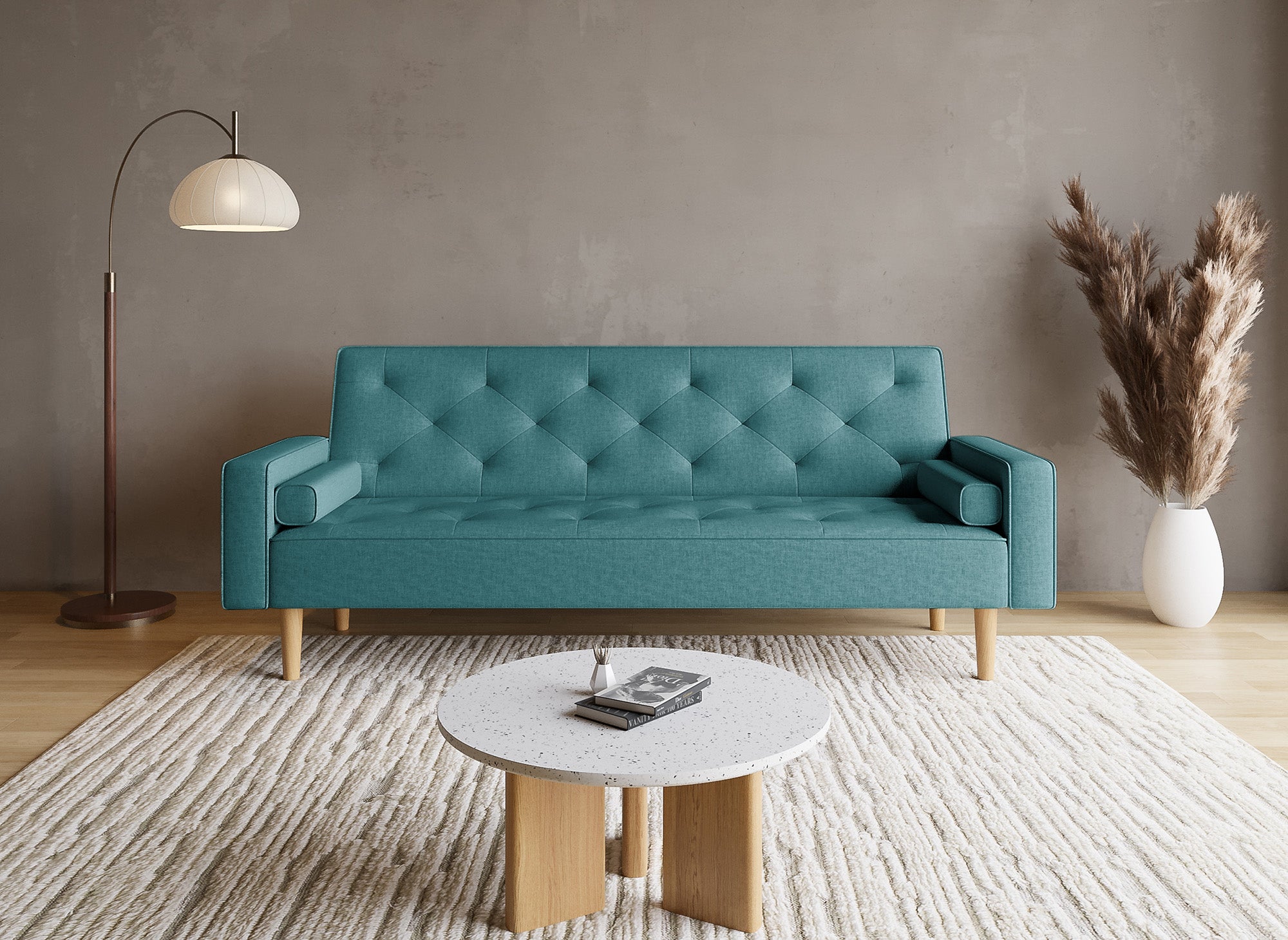 Divano clic clac in tessuto blu con gambe in legno JAKARTA