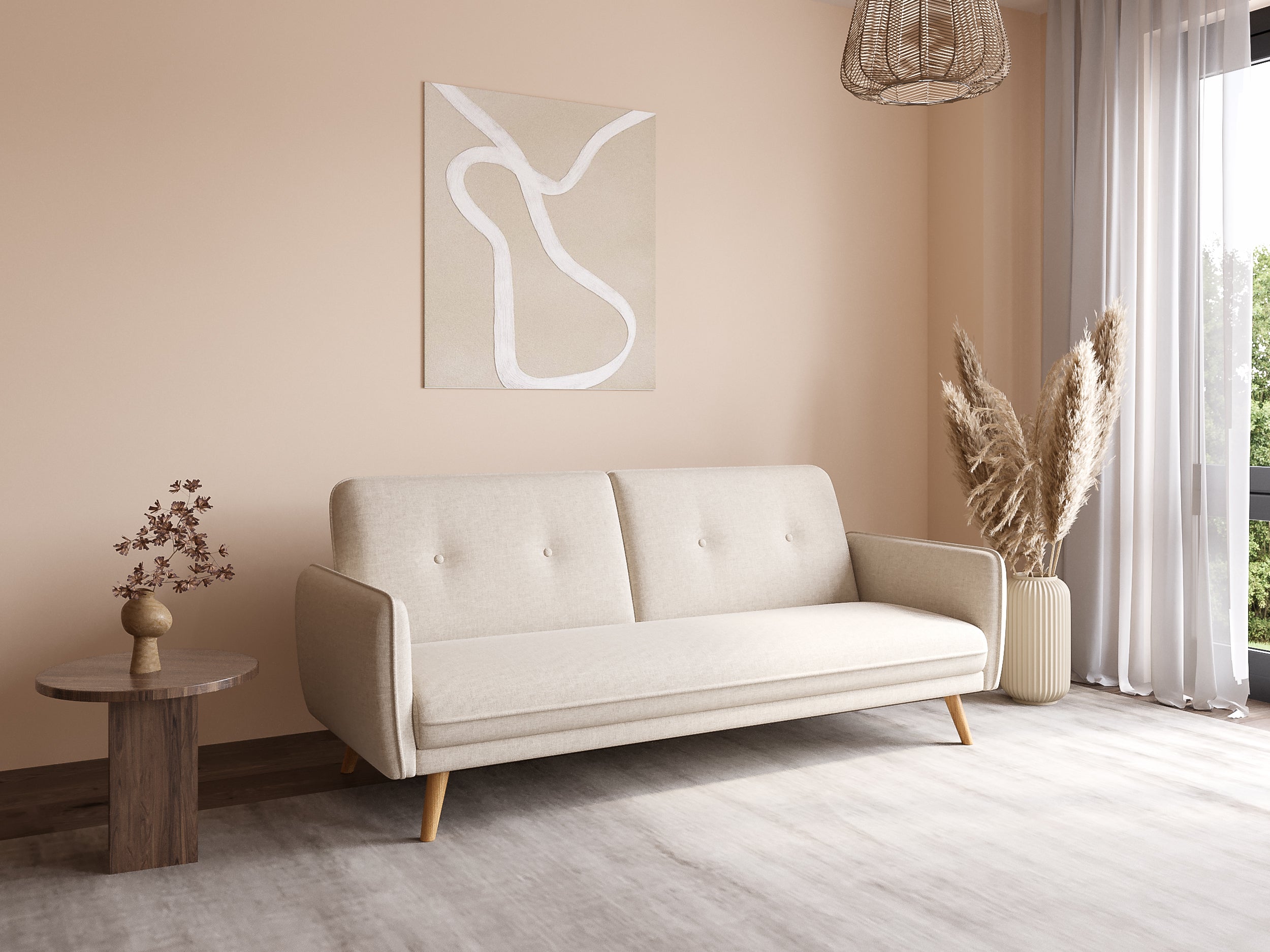 Canapé clic clac en tissu beige avec pieds en bois NATAL