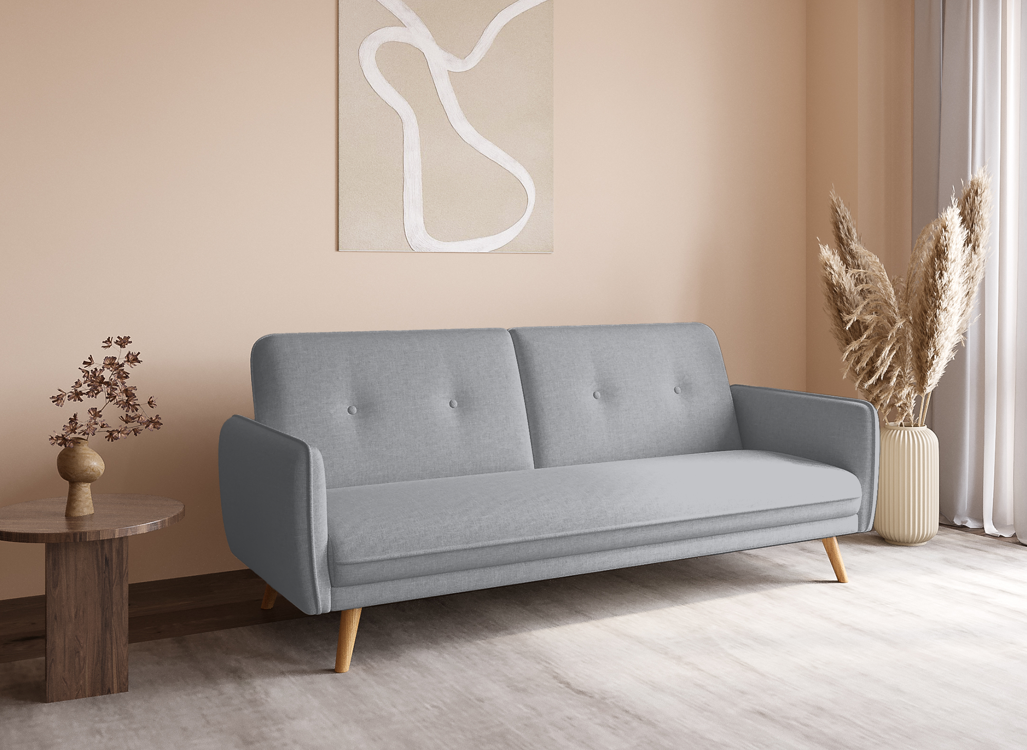 Canapé clic clac en tissu gris clair avec pieds en bois NATAL