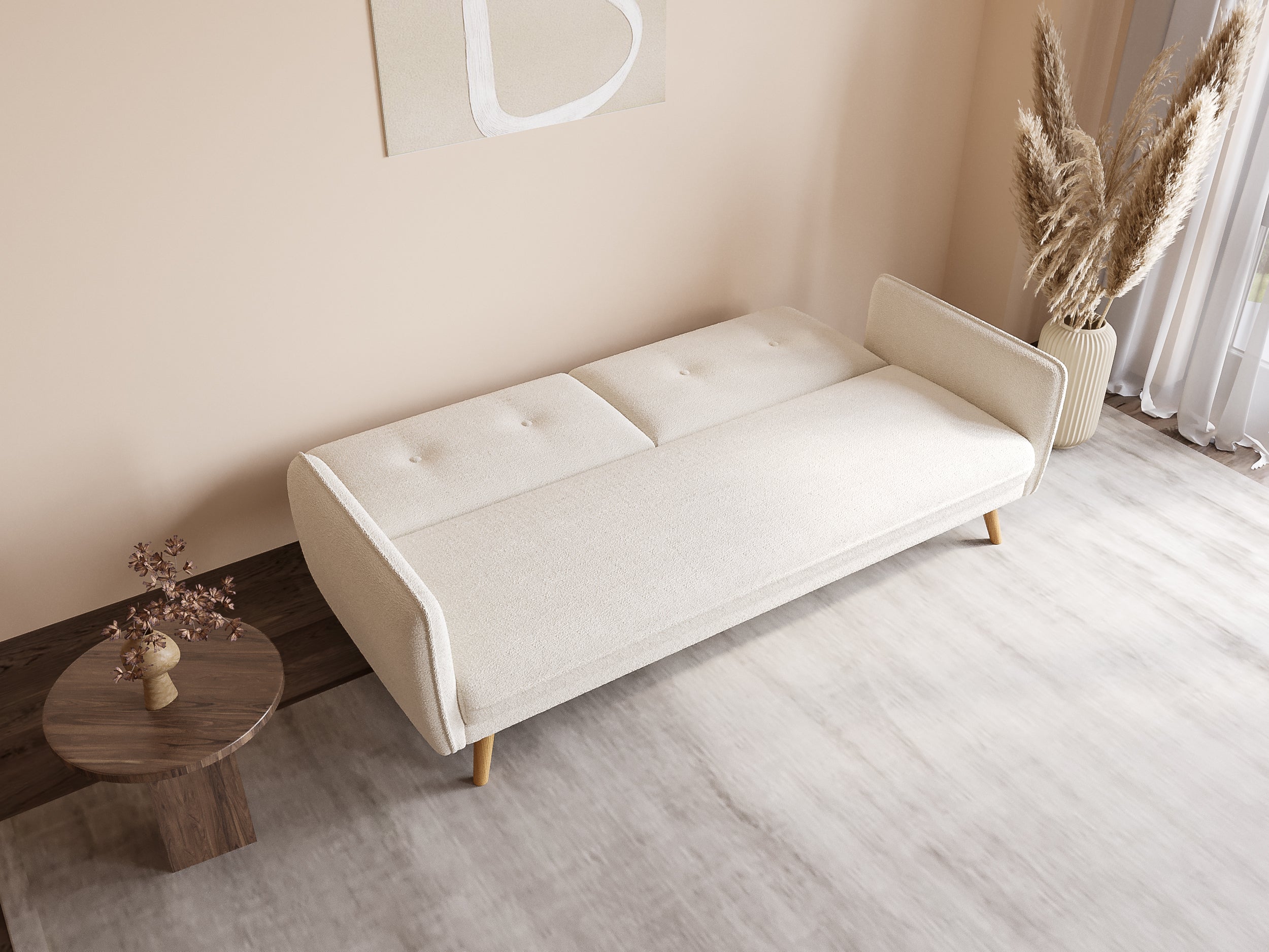 Canapé clic clac en tissu bouclette blanc écru avec pieds en bois NATAL