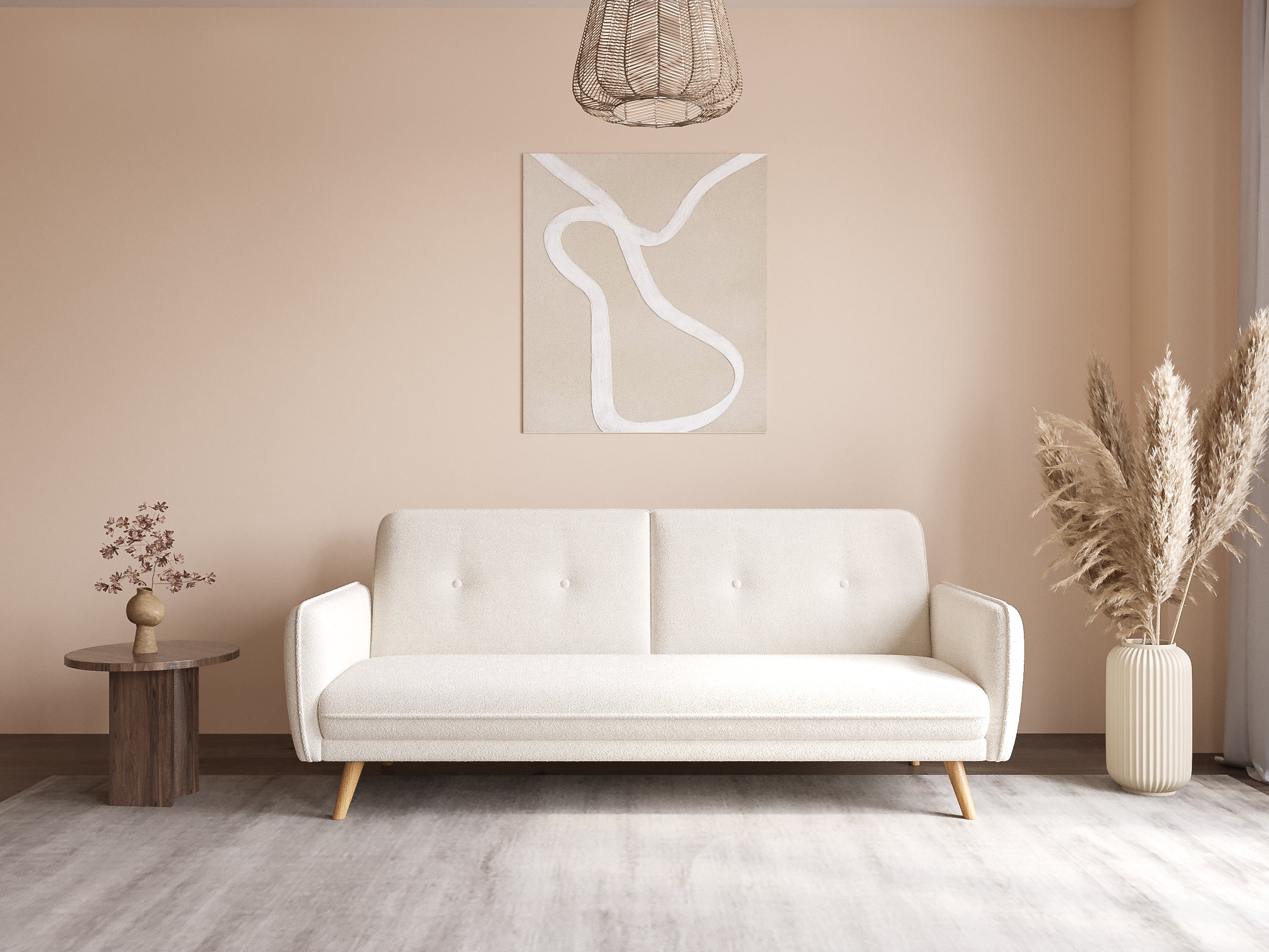 Canapé clic clac en tissu bouclette blanc écru avec pieds en bois NATAL