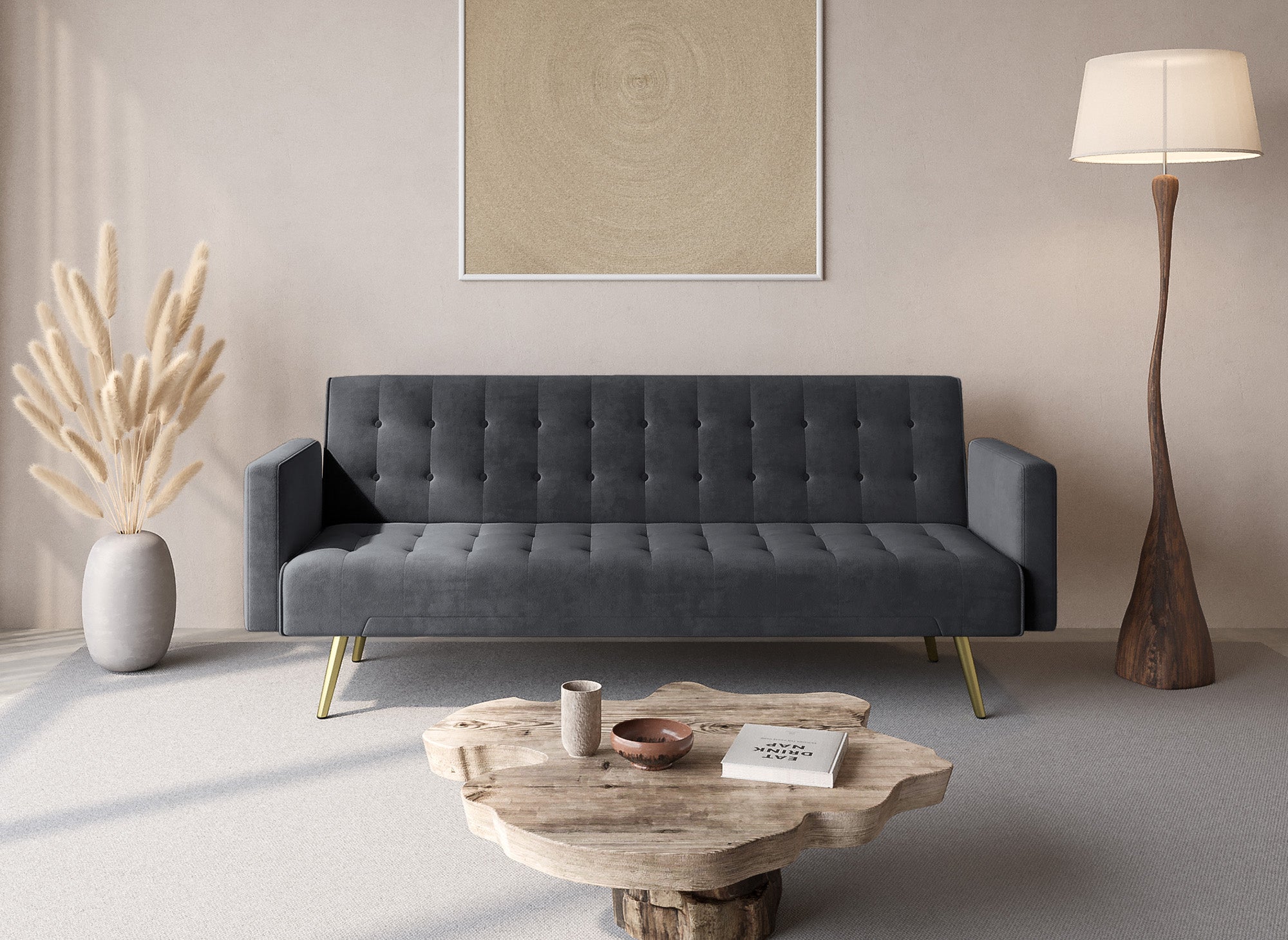 Divano clic clac in velluto grigio scuro con gambe in metallo dorato CHICAGO