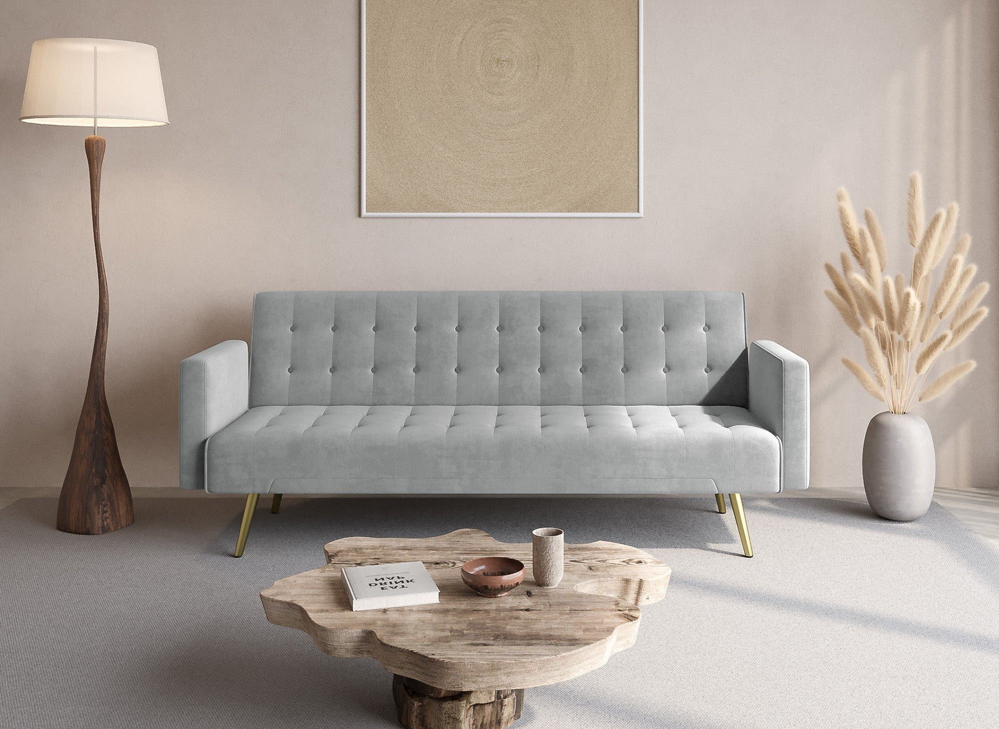 Divano letto in velluto grigio con gambe in metallo dorato CHICAGO