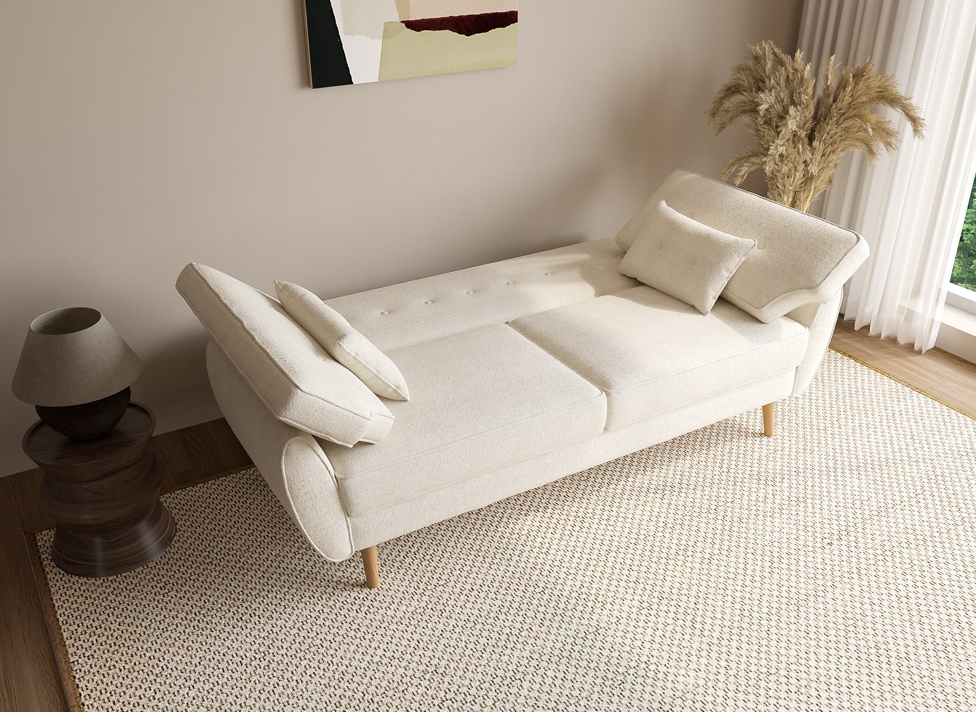 Divano clic clac in tessuto French terry bianco ecrù con gambe in legno PANAMA