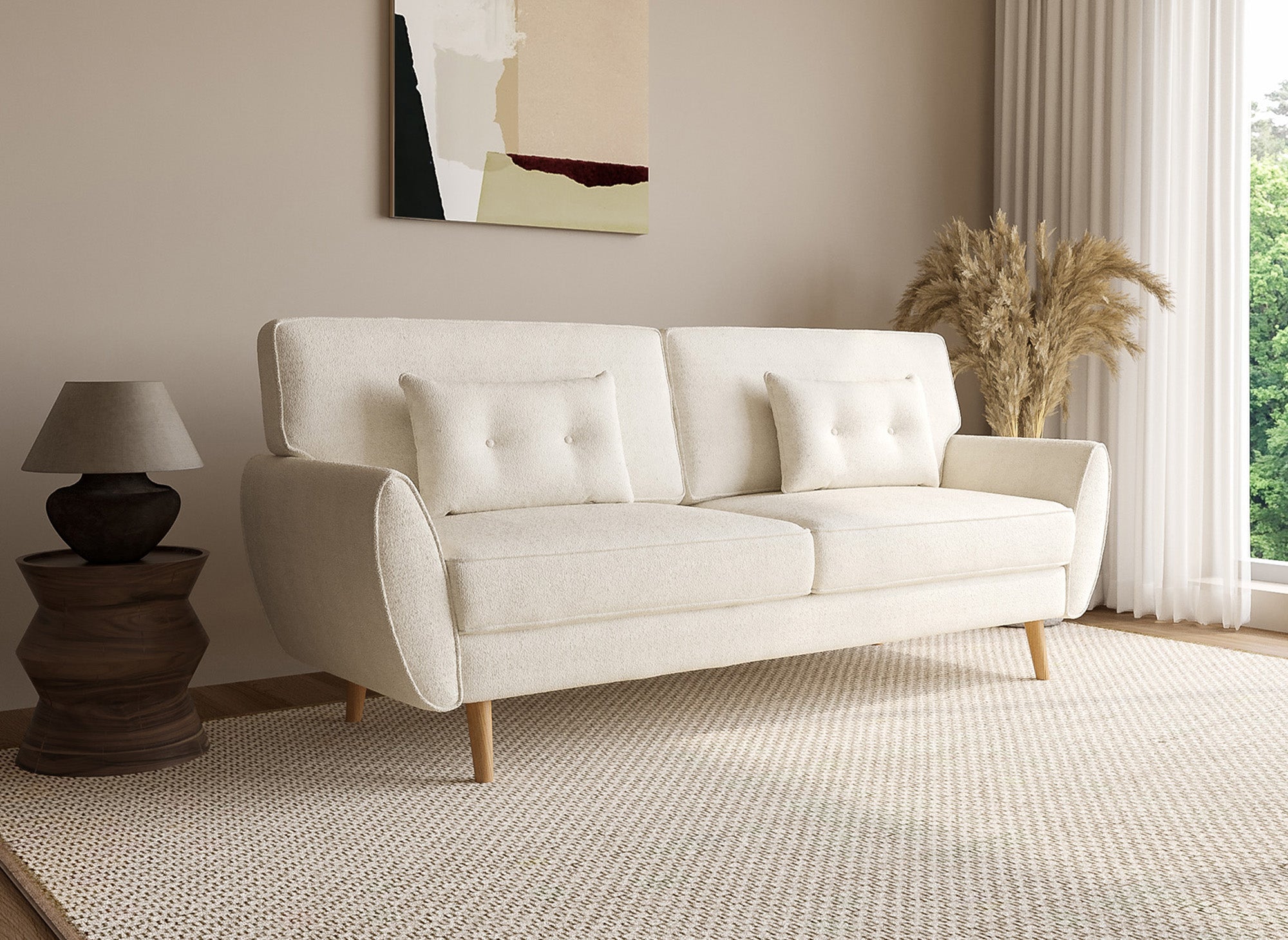 Divano clic clac in tessuto French terry bianco ecrù con gambe in legno PANAMA