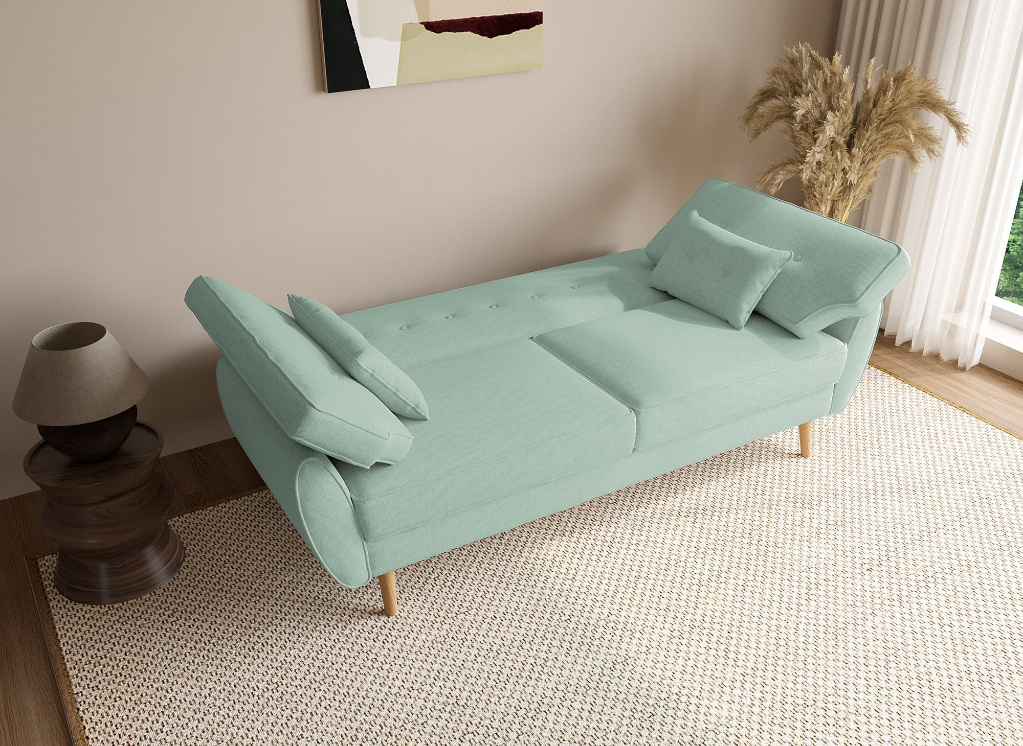 Canapé clic clac en tissu vert d'eau avec pieds en bois PANAMA