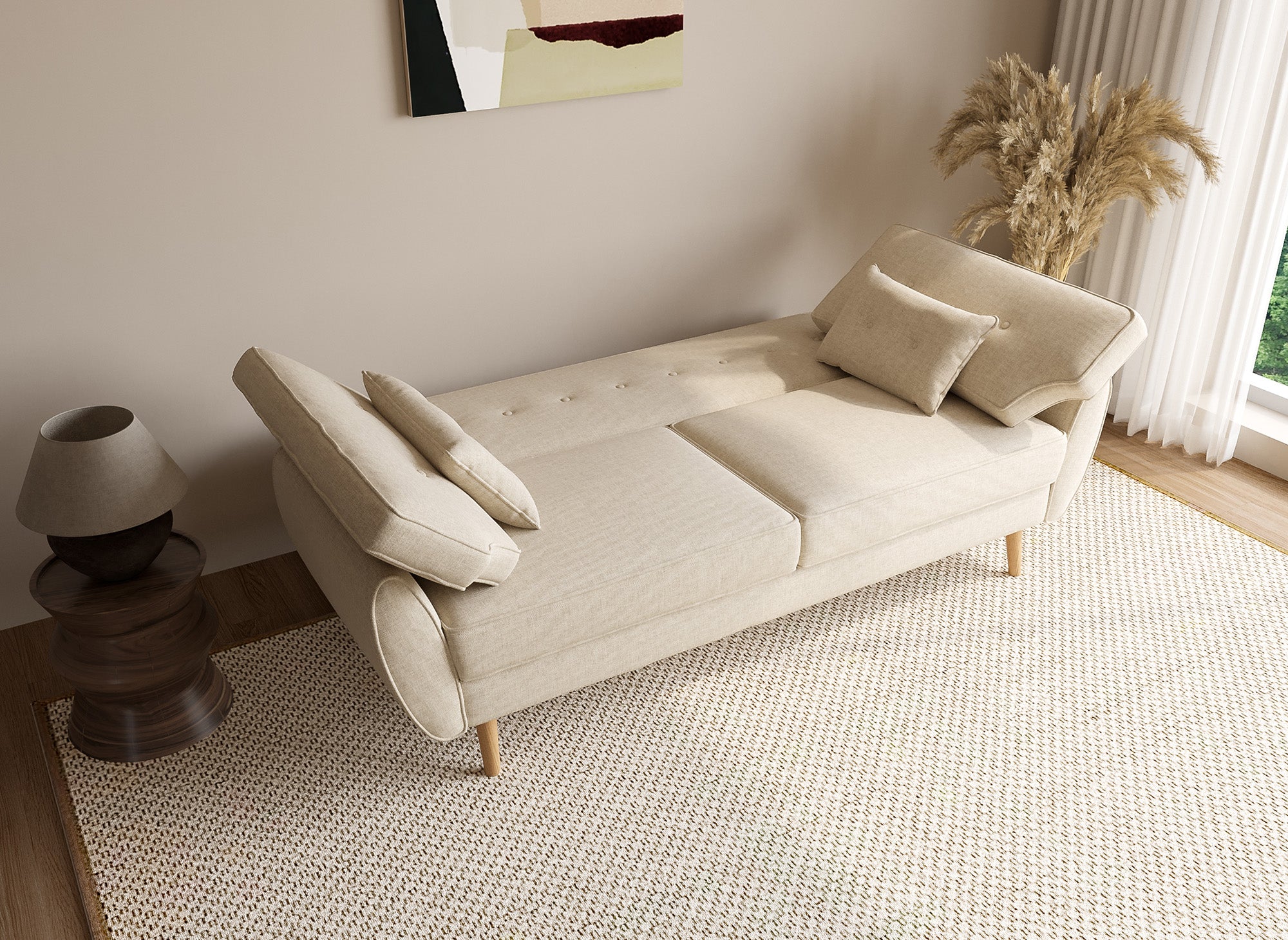 Canapé clic clac en tissu beige avec pieds en bois PANAMA