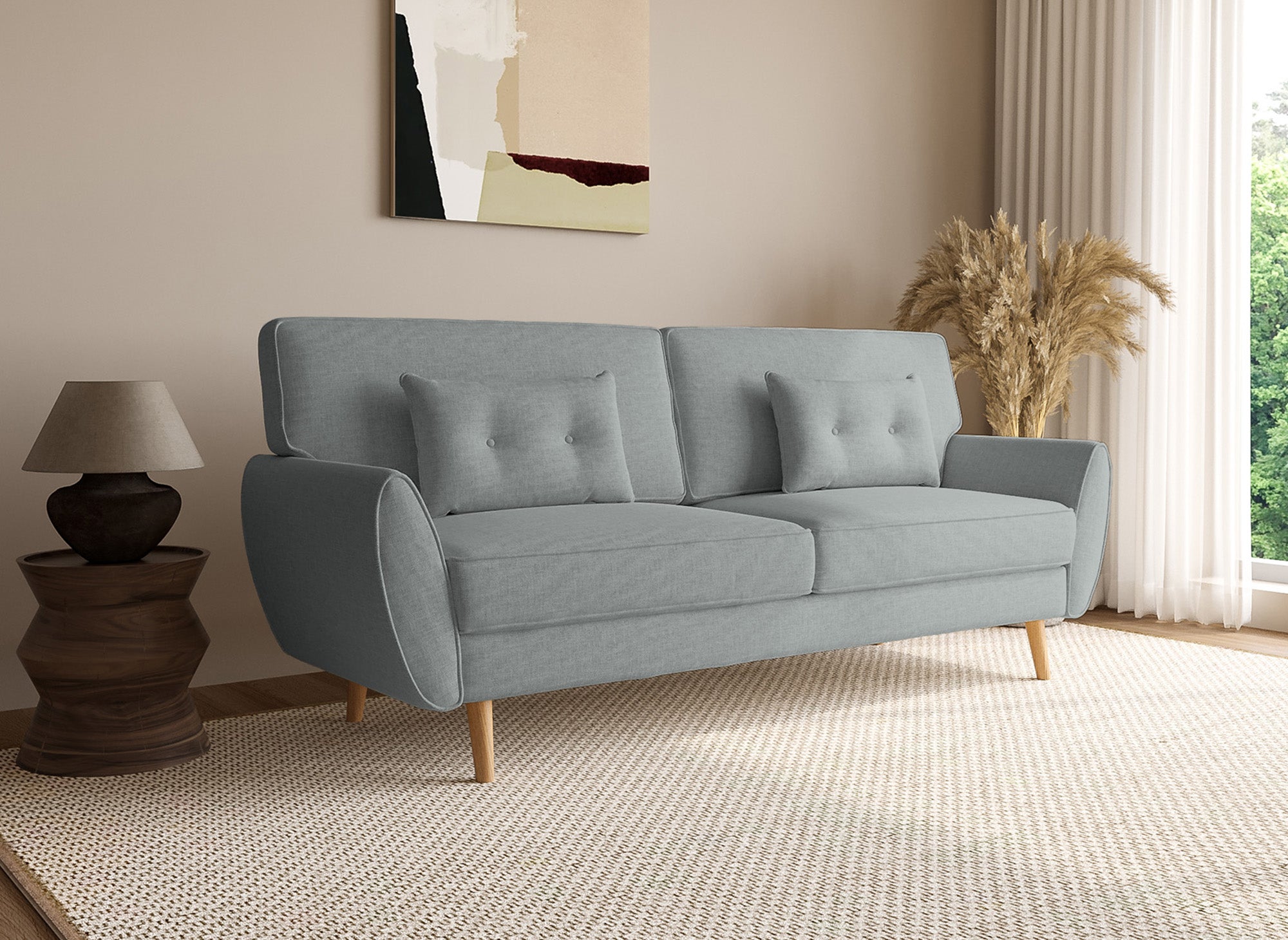 Canapé clic clac en tissu gris clair avec pieds en bois PANAMA