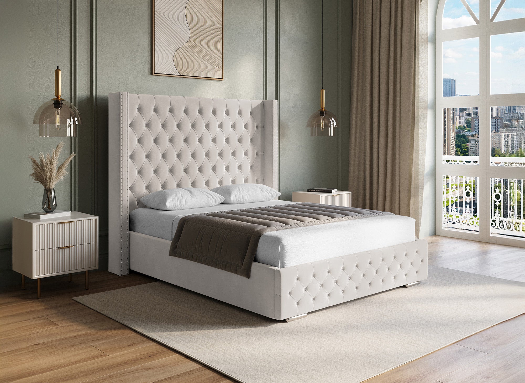 Lit coffre en velours beige 140x190 cm MAXI