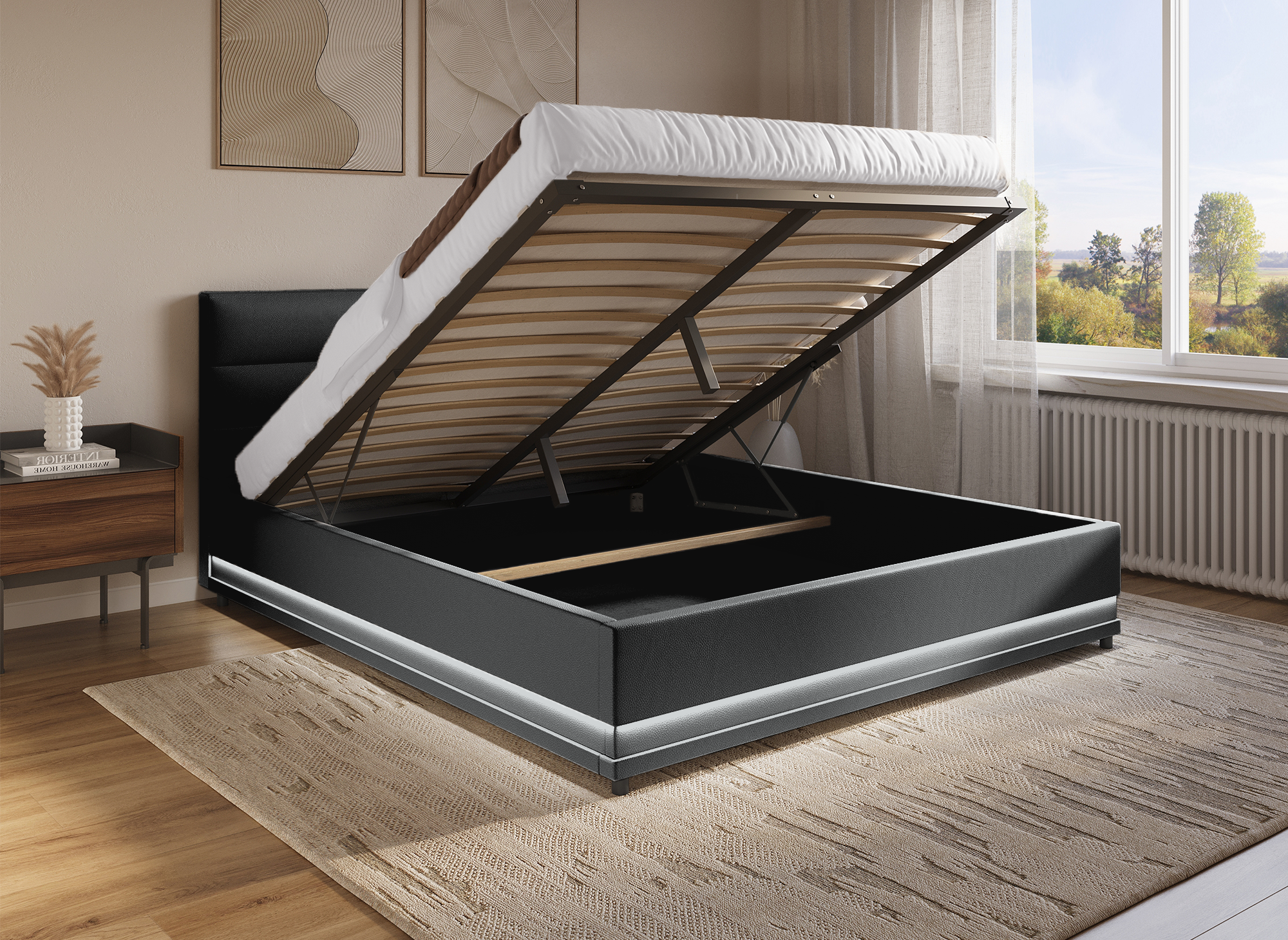 Lit coffre en simili cuir noir 180x200 cm ELENCE