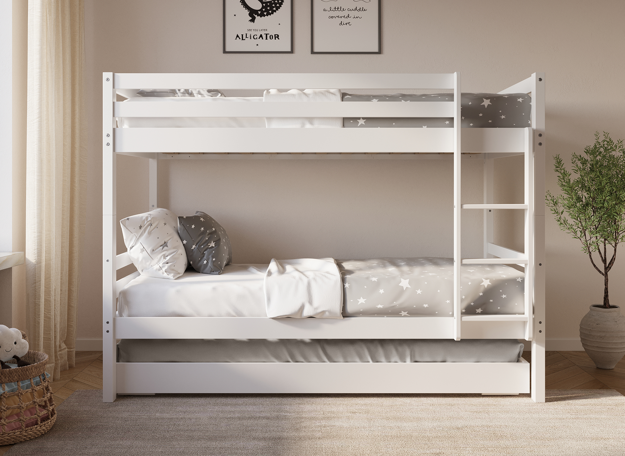 Lit superposé gigogne 3 couchages en bois blanc LEOPAUL 90 x 190 cm