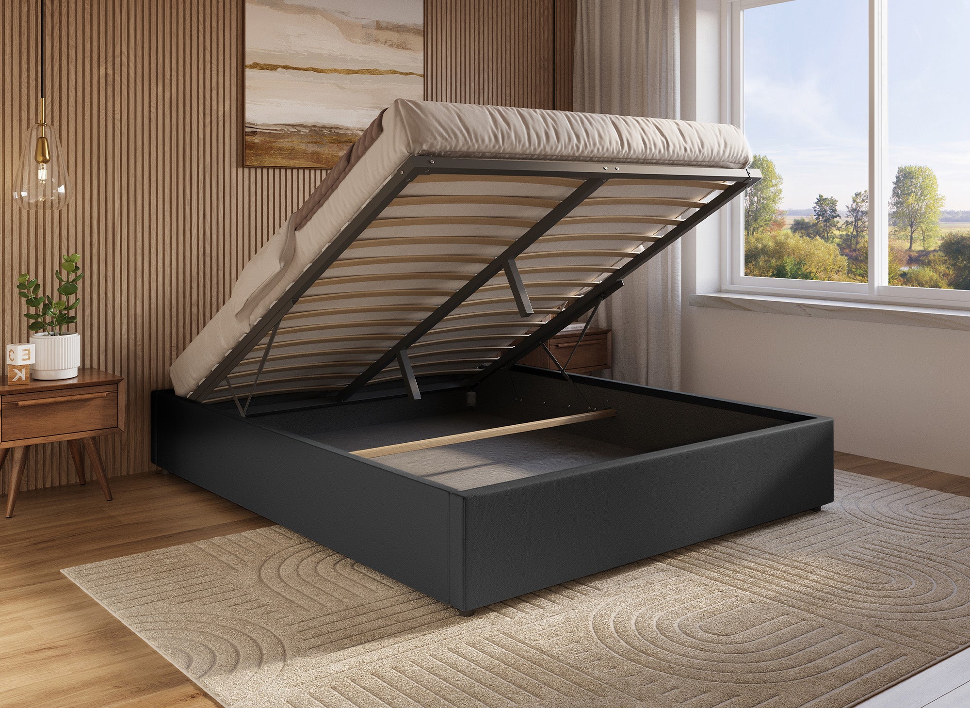 Lit sommier relevable avec coffre en simili cuir noir 180x200 cm LIZBAN