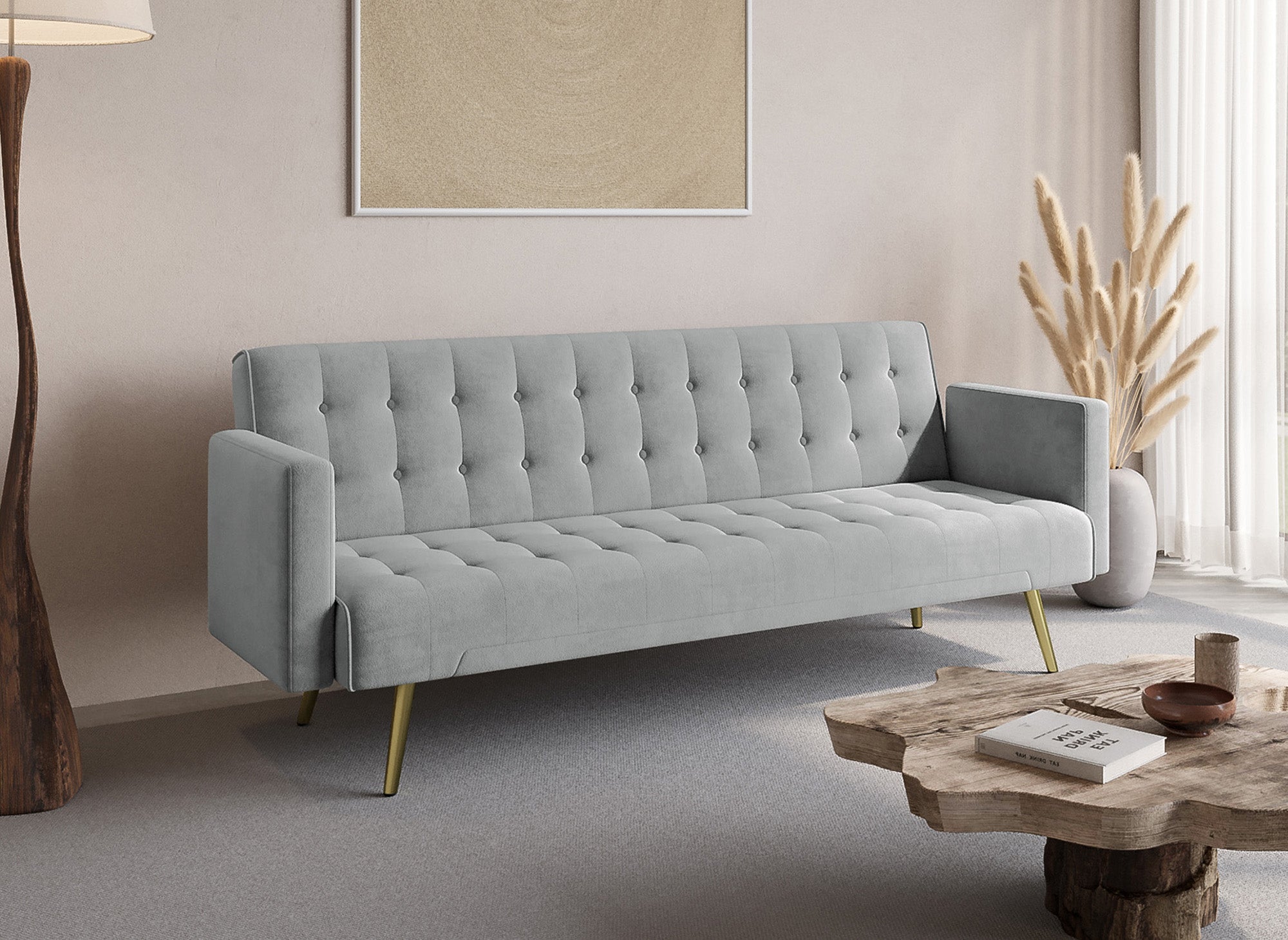 Divano letto in velluto grigio con gambe in metallo dorato CHICAGO