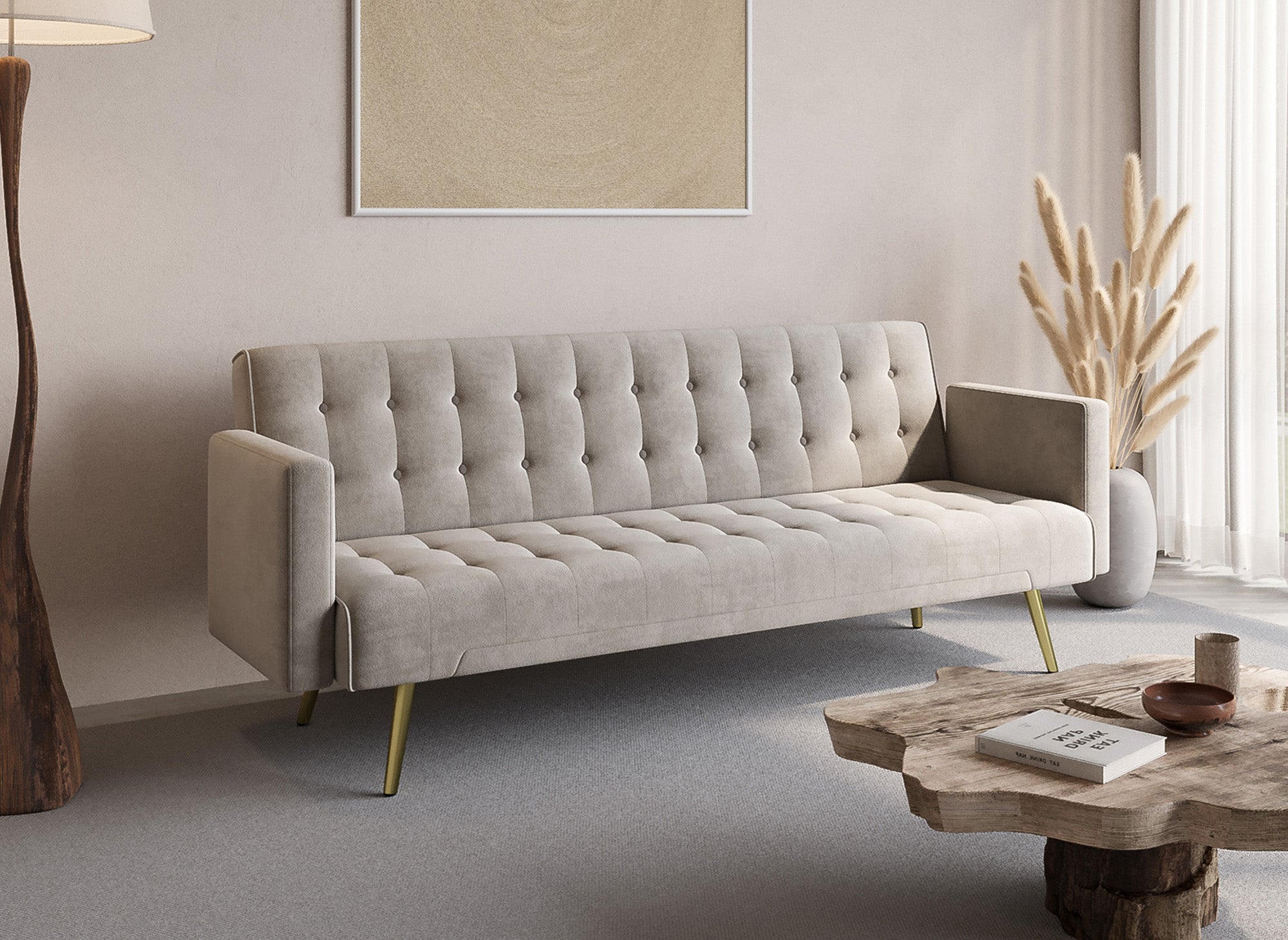 Divano Click Clac in velluto beige con gambe in metallo dorato CHICAGO