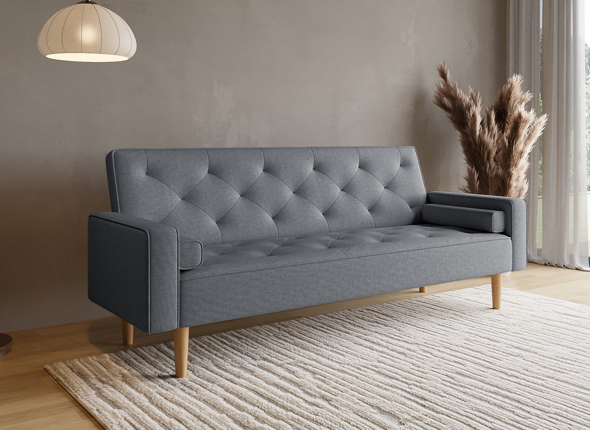 Divano clic clac in tessuto grigio scuro con gambe in legno JAKARTA