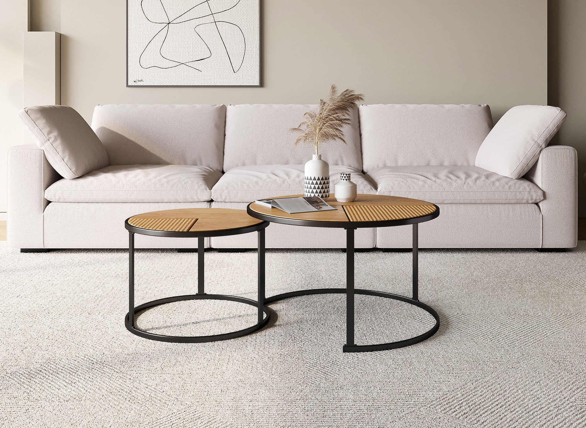 Lot de 2 tables basses gigognes rondes effet rotin JOTA